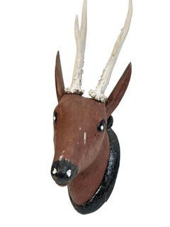 Set of Two Hand Carved Folk Art Deer Head with Real Antlers, 19th Century