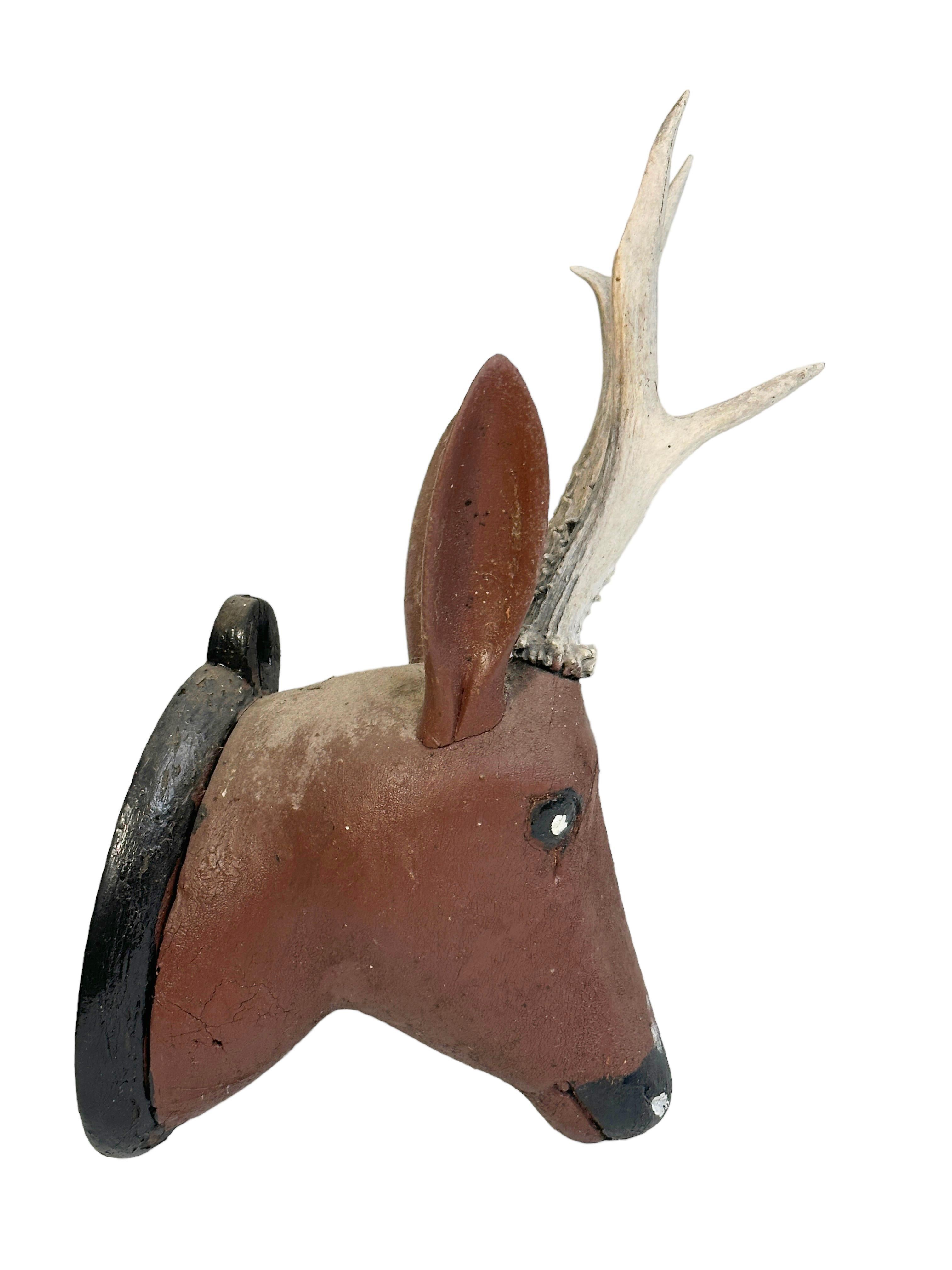 German Set of Two Hand Carved Folk Art Deer Head with Real Antlers, 19th Century For Sale