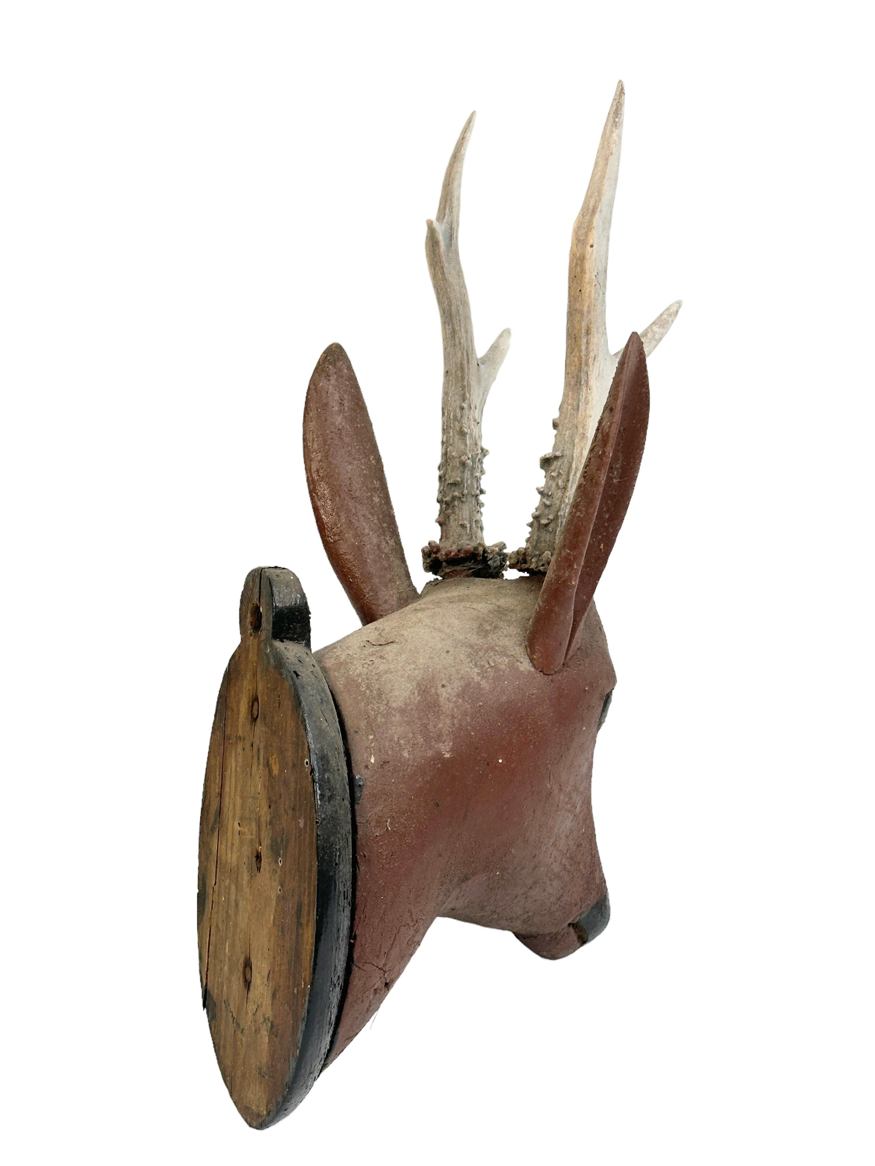 Hand-Carved Set of Two Hand Carved Folk Art Deer Head with Real Antlers, 19th Century For Sale