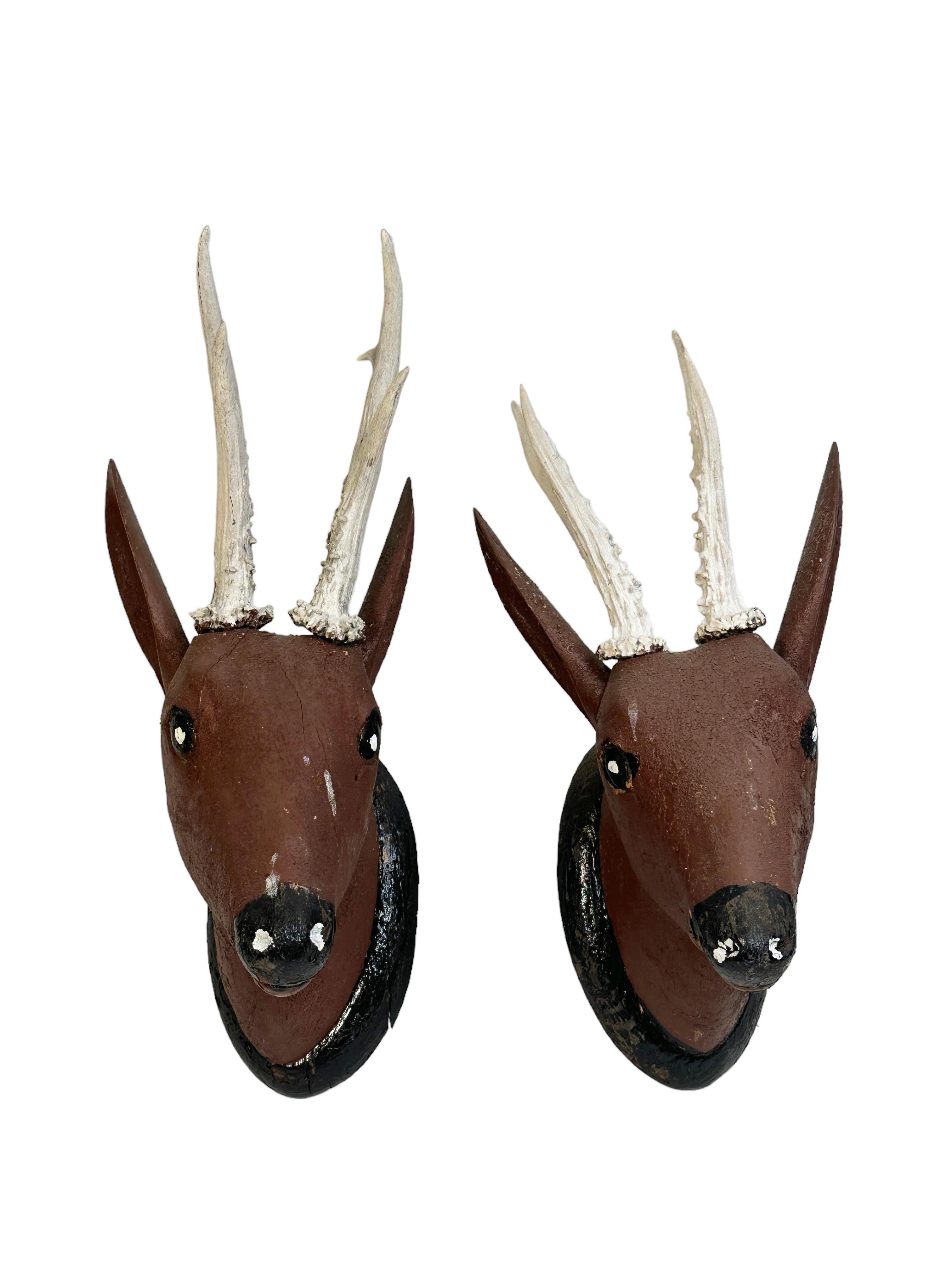 Set of Two Hand Carved Folk Art Deer Head with Real Antlers, 19th Century For Sale