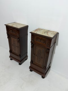 Set of two hand-carved Sicilian Bedside Tables with marble tops, 1940s
