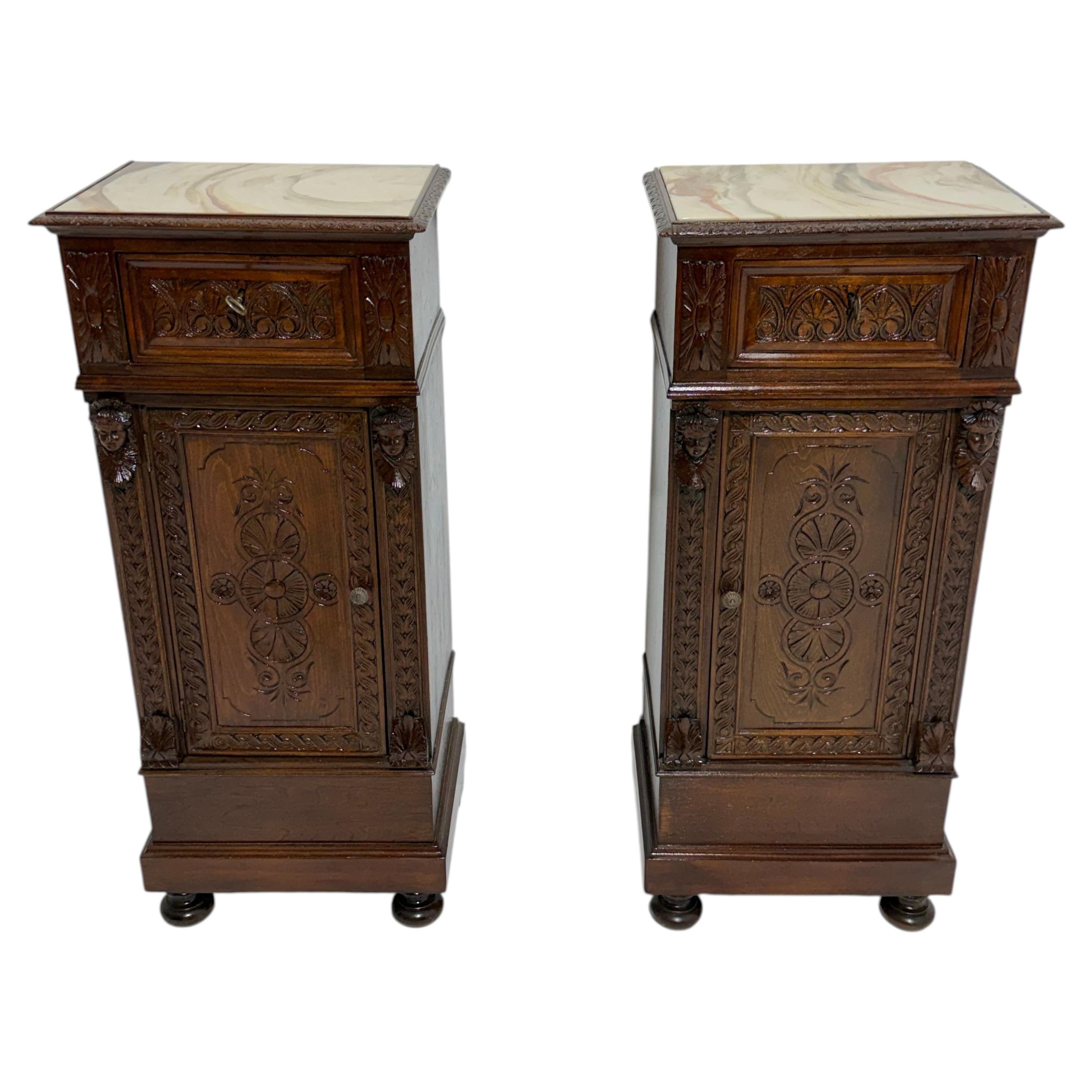 Set of two hand-carved Sicilian Bedside Tables with marble tops, 1940s