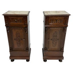 Set of two hand-carved Sicilian Bedside Tables with marble tops, 1940s