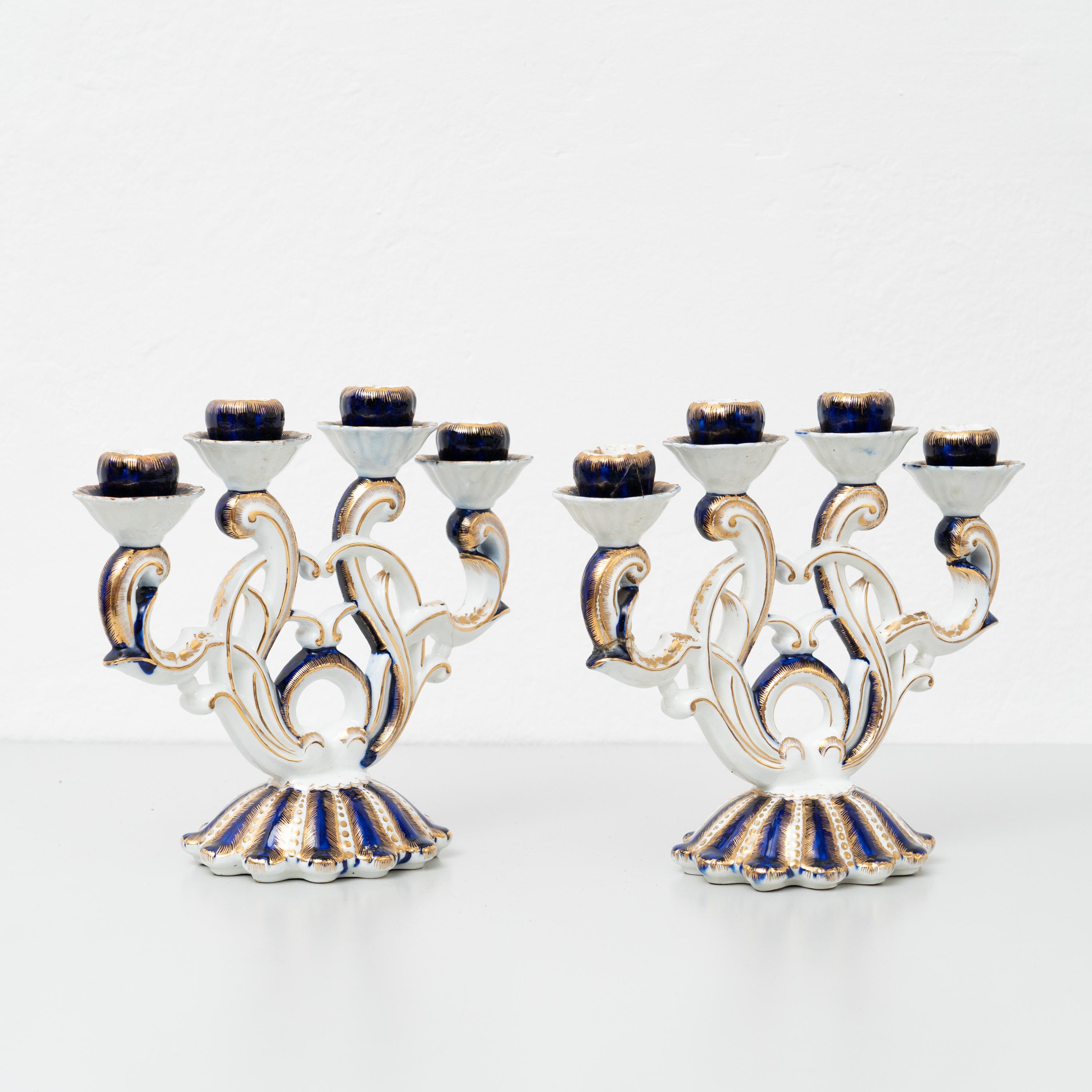 Mid-Century Modern Set of Two Hand Painted Ceramic Candle Holder, circa 1940  For Sale