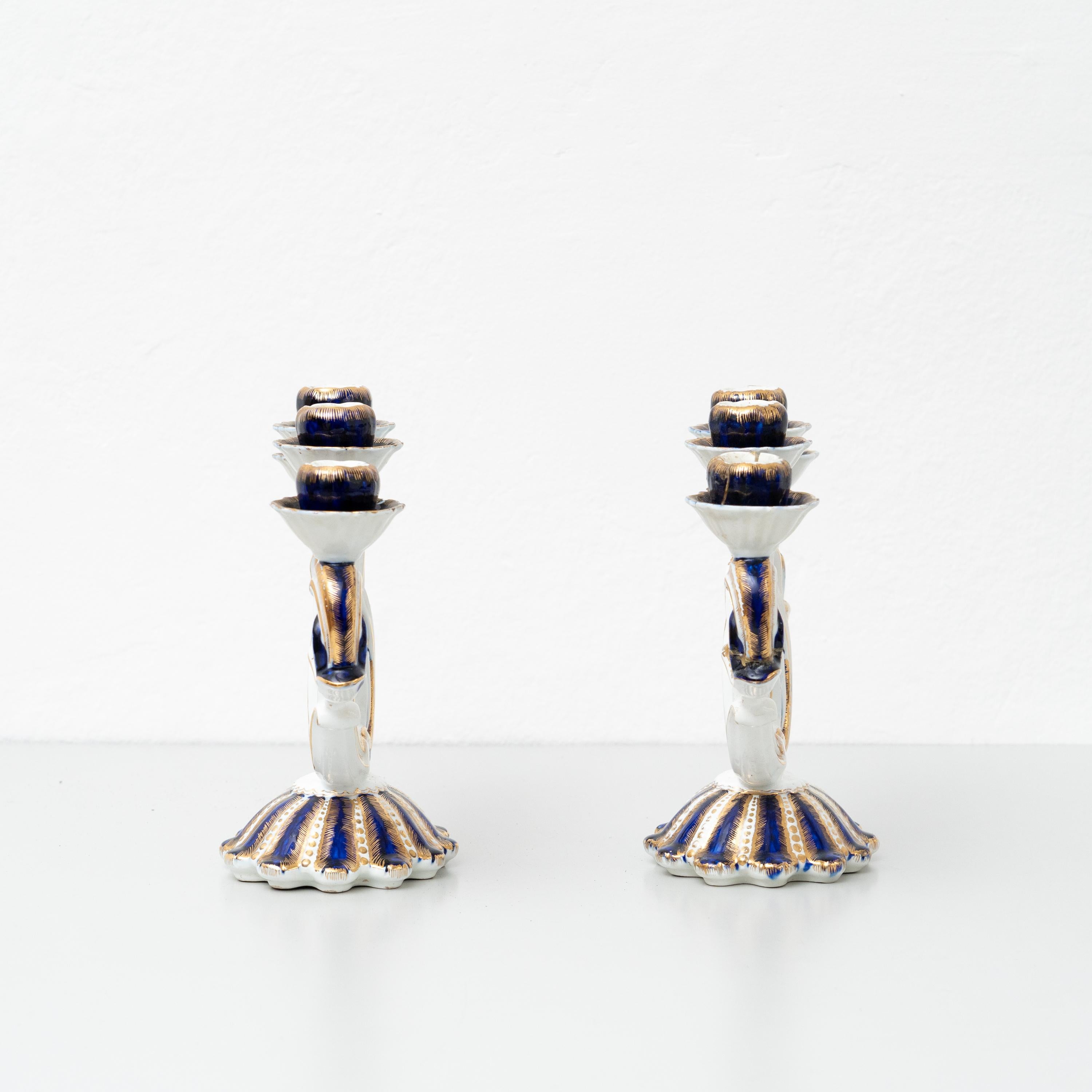 Spanish Set of Two Hand Painted Ceramic Candle Holder, circa 1940  For Sale