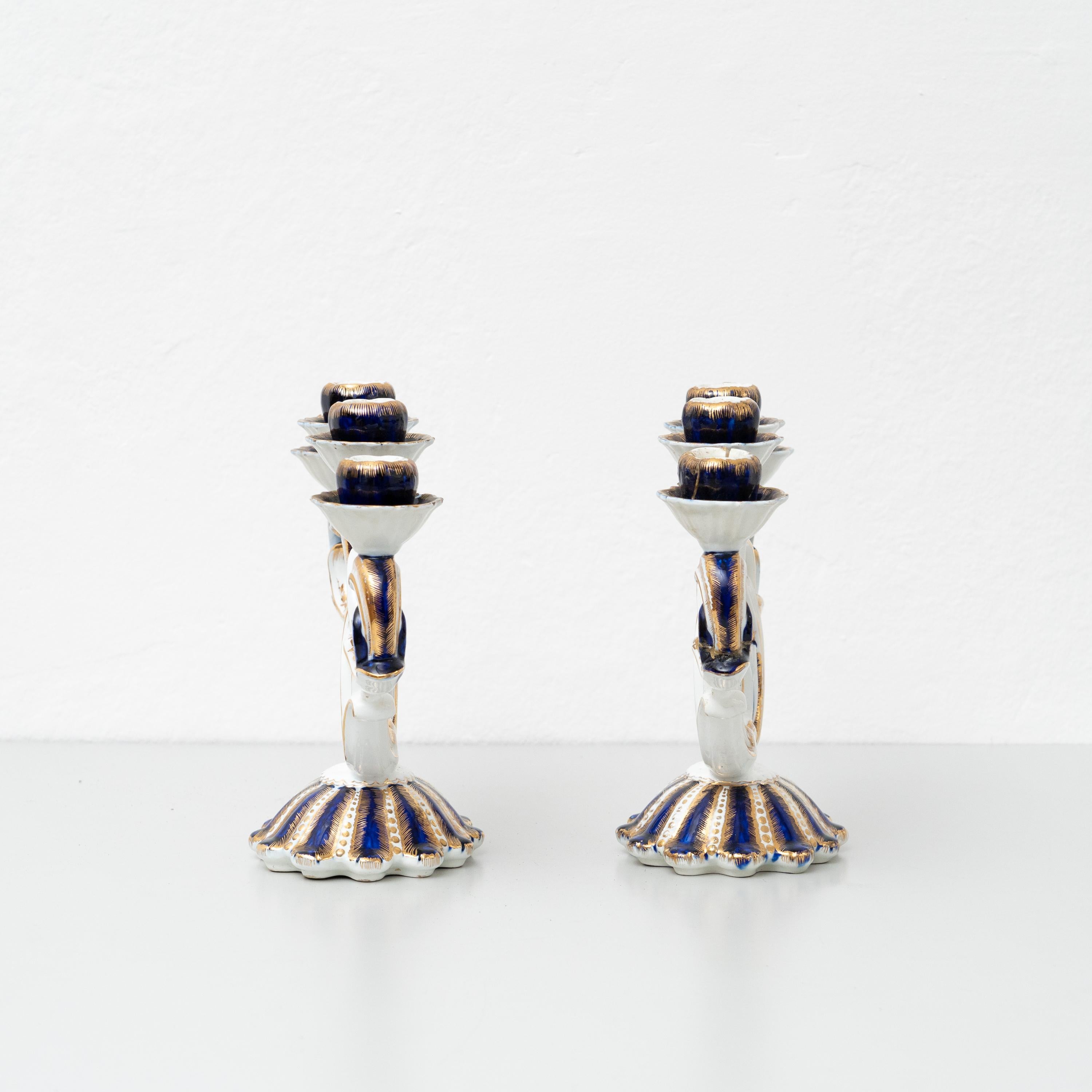 Set of Two Hand Painted Ceramic Candle Holder, circa 1940  In Good Condition For Sale In Barcelona, Barcelona