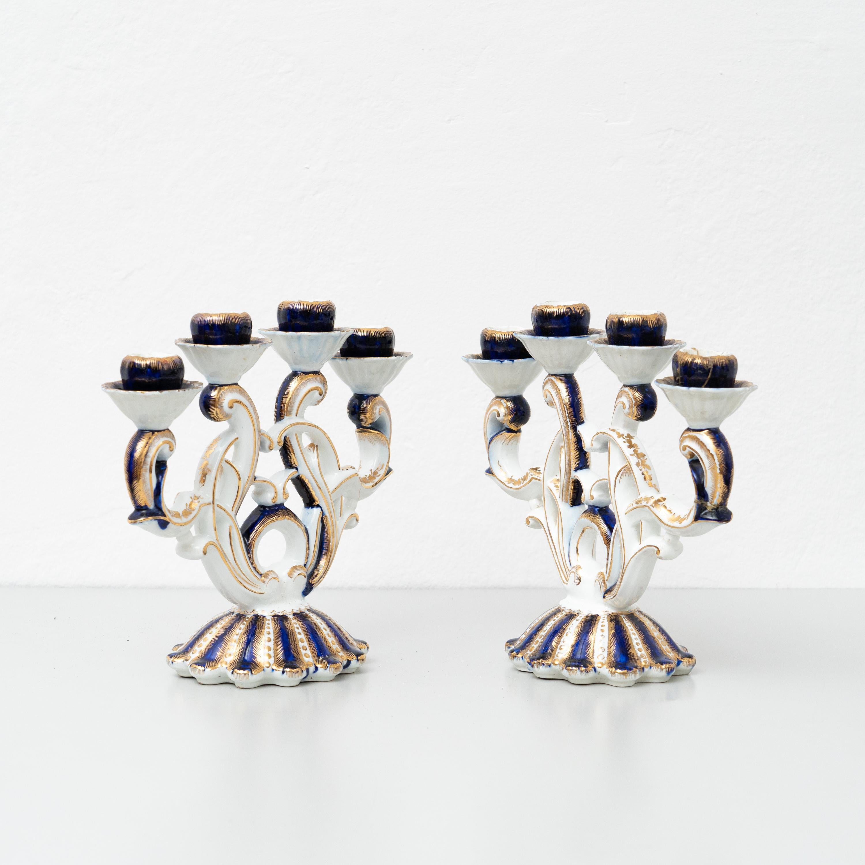 Mid-20th Century Set of Two Hand Painted Ceramic Candle Holder, circa 1940  For Sale