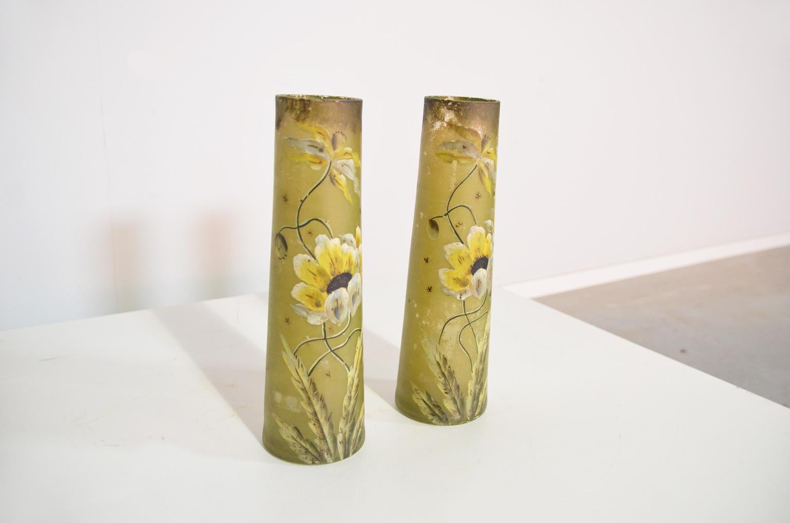 Dutch Hand Painted Art Deco Glass Vases with Floral Decoration For Sale