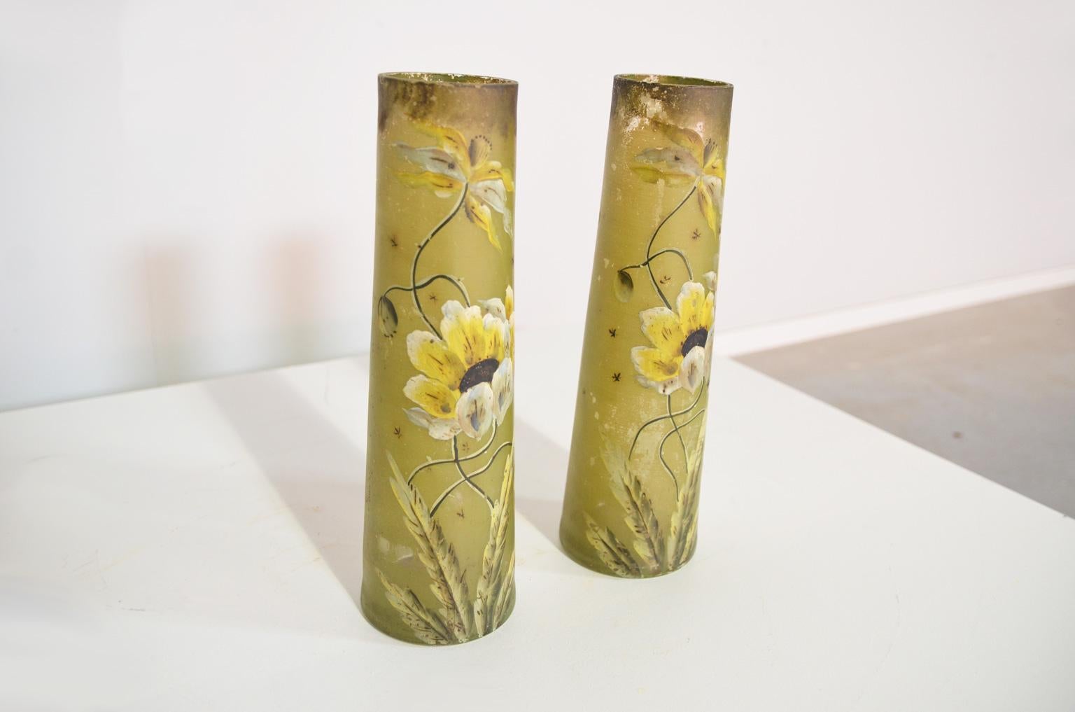 Hand-Painted Hand Painted Art Deco Glass Vases with Floral Decoration For Sale