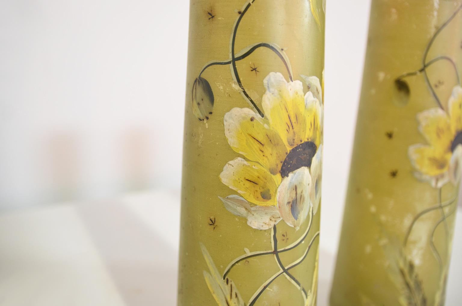 Hand Painted Art Deco Glass Vases with Floral Decoration In Distressed Condition For Sale In RHEEZERVEEN, Overijssel