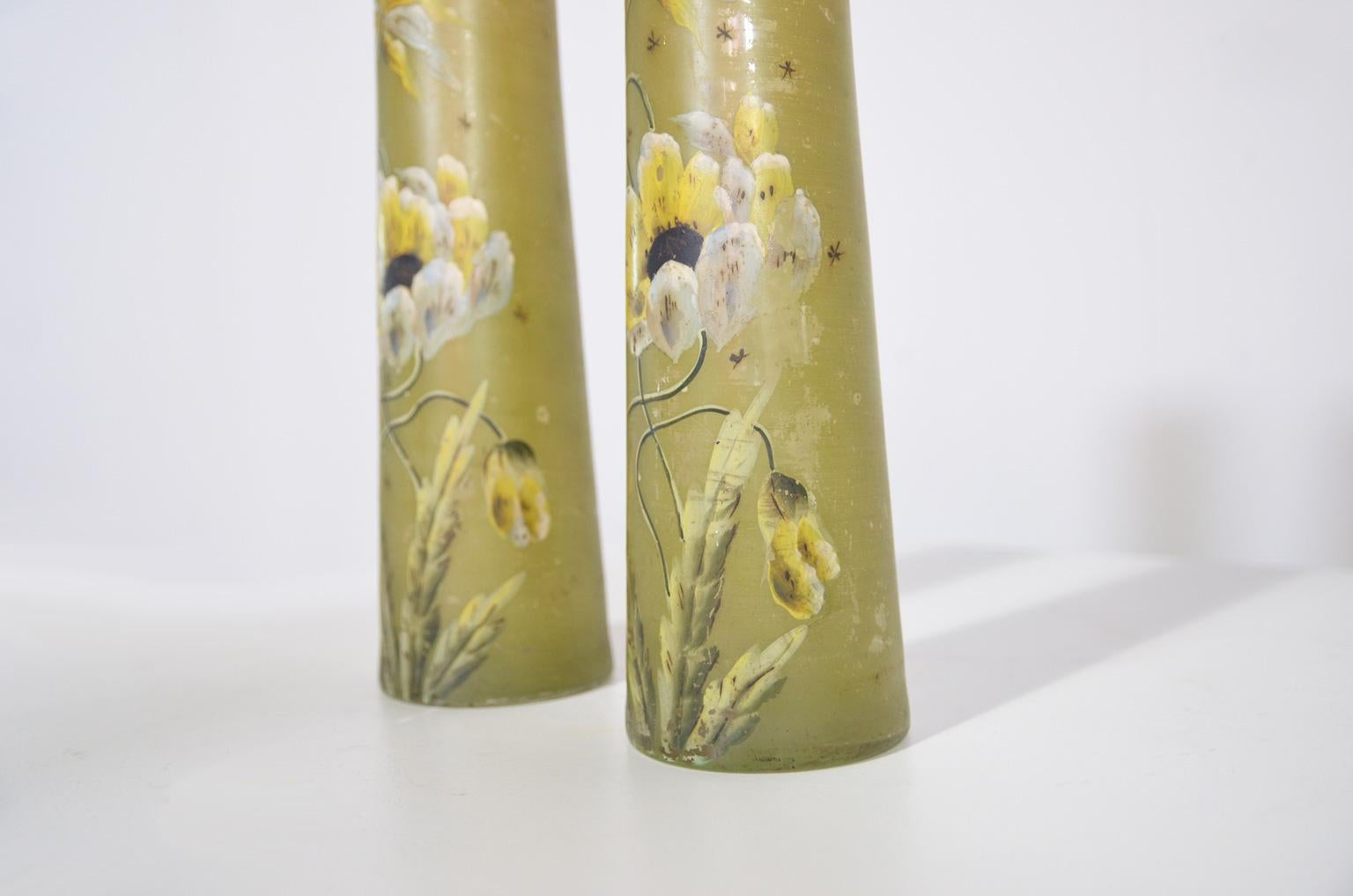 20th Century Hand Painted Art Deco Glass Vases with Floral Decoration For Sale