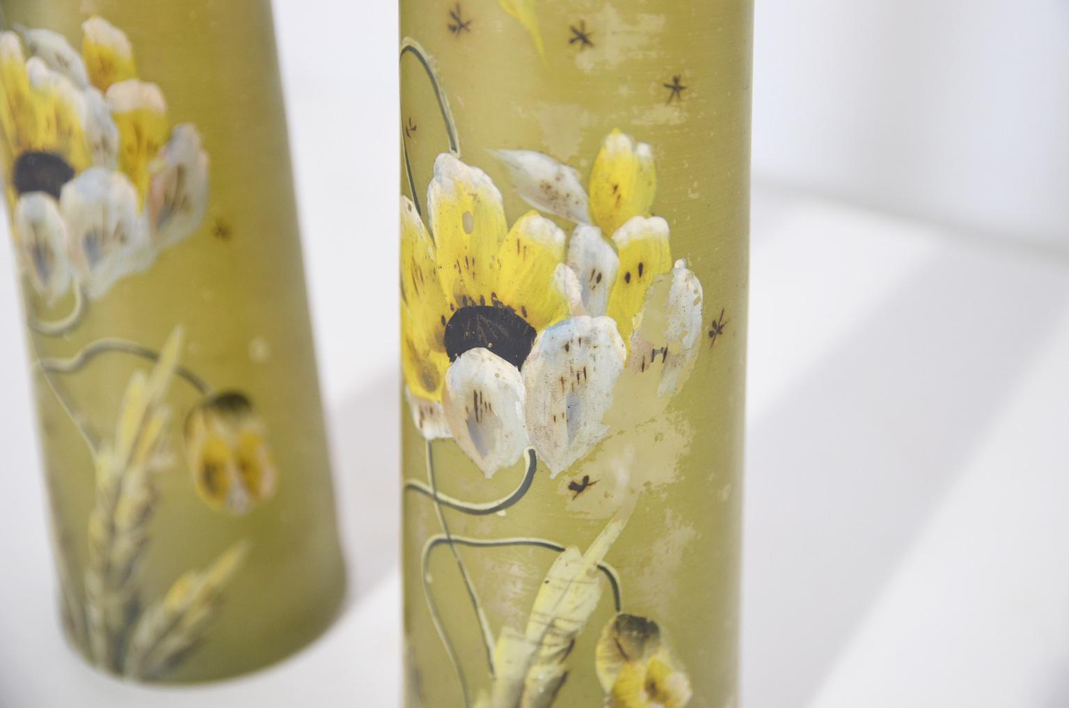 Hand Painted Art Deco Glass Vases with Floral Decoration For Sale 1