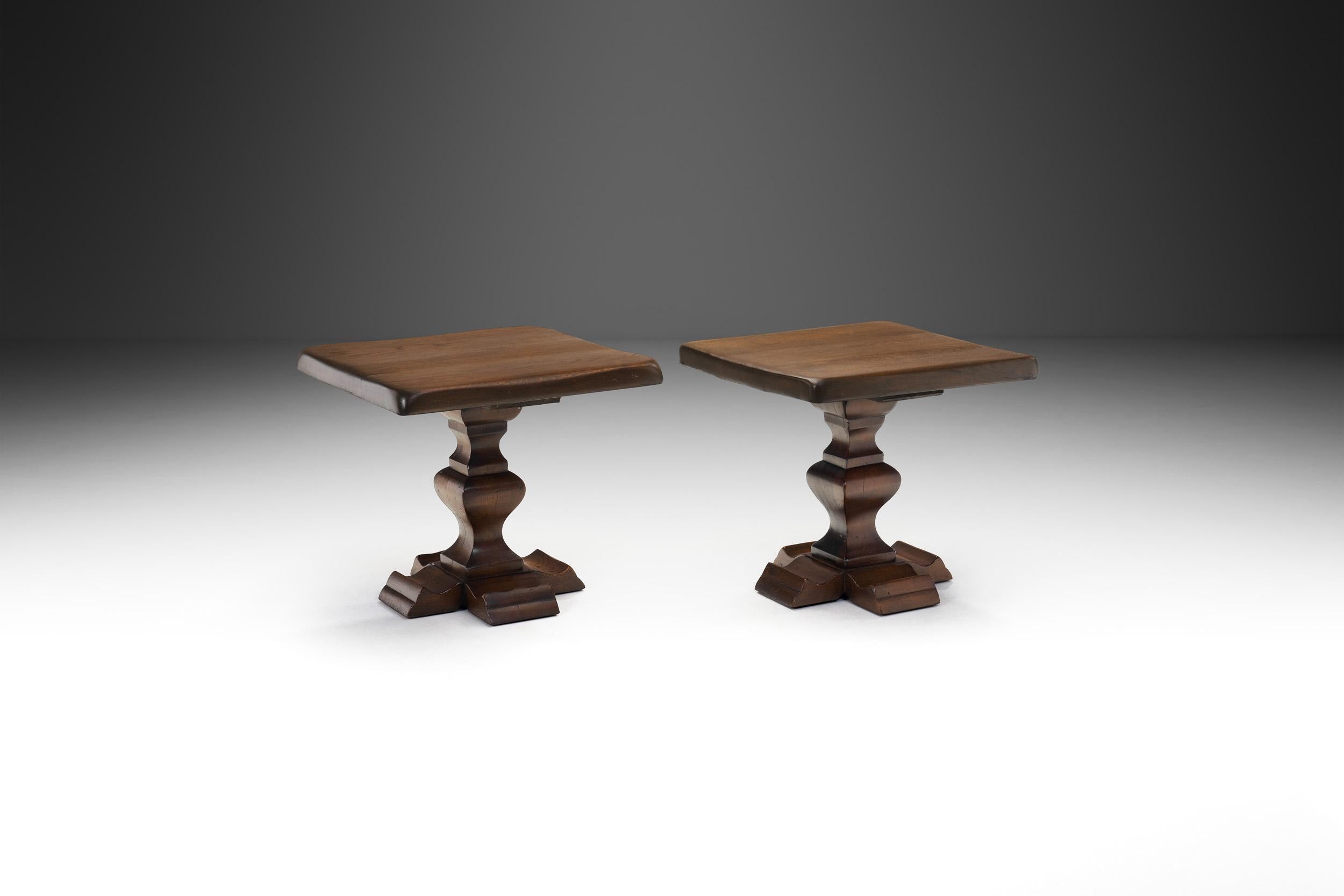 European Set of Two Handcrafted Wood Side Tables, Europe 1970s For Sale