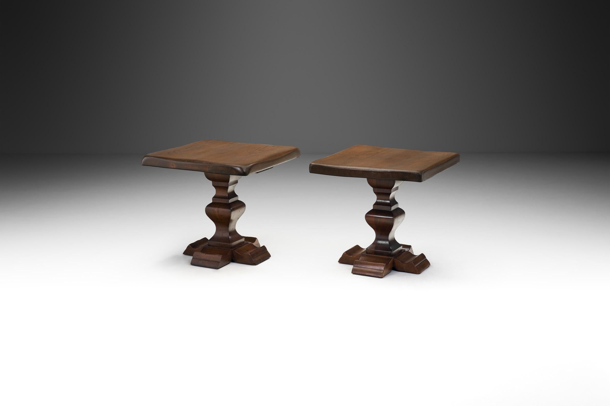 Hand-Crafted Set of Two Handcrafted Wood Side Tables, Europe 1970s For Sale
