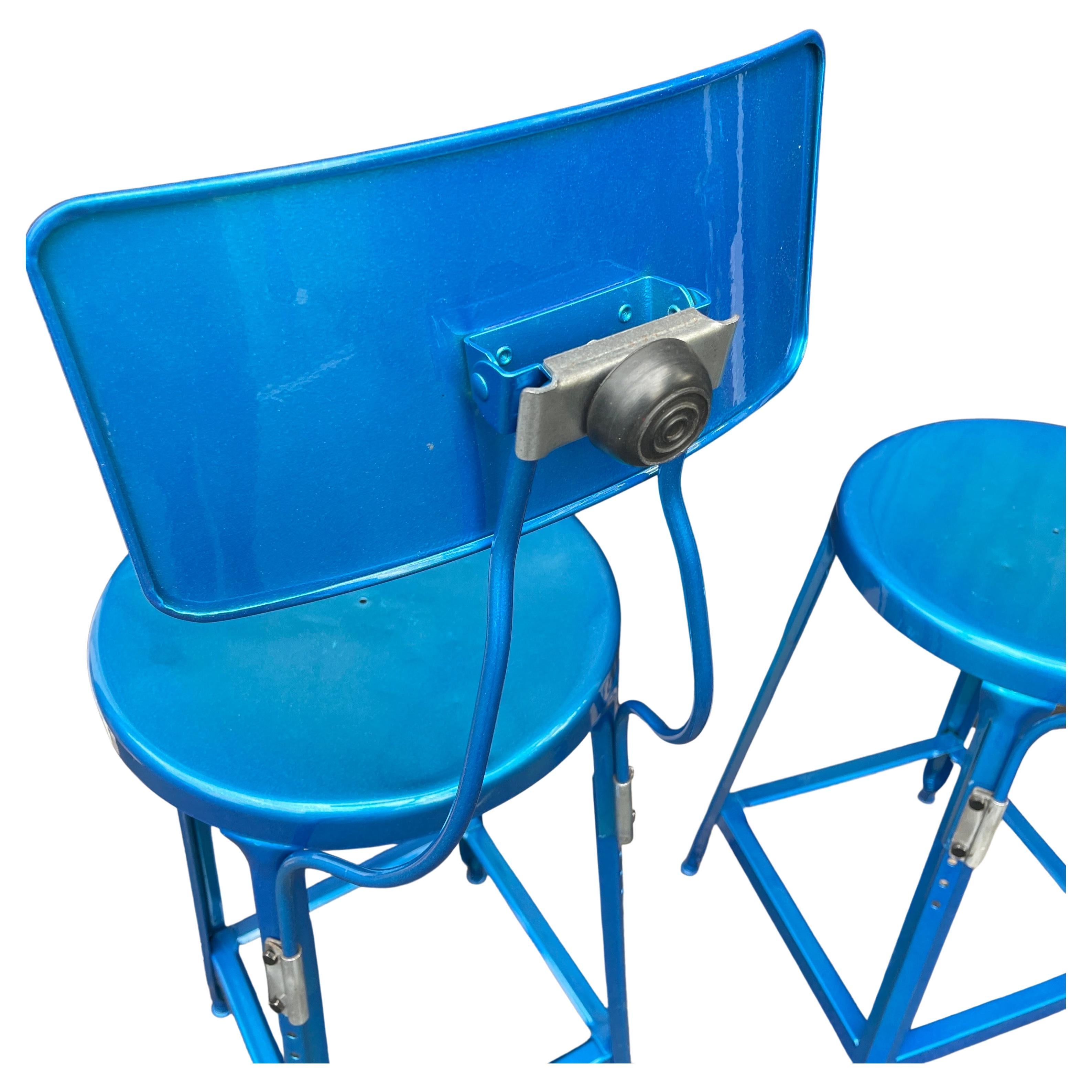 Set of Two Heavy Industrial Bar Stools in Powder Coated Blue For Sale 3