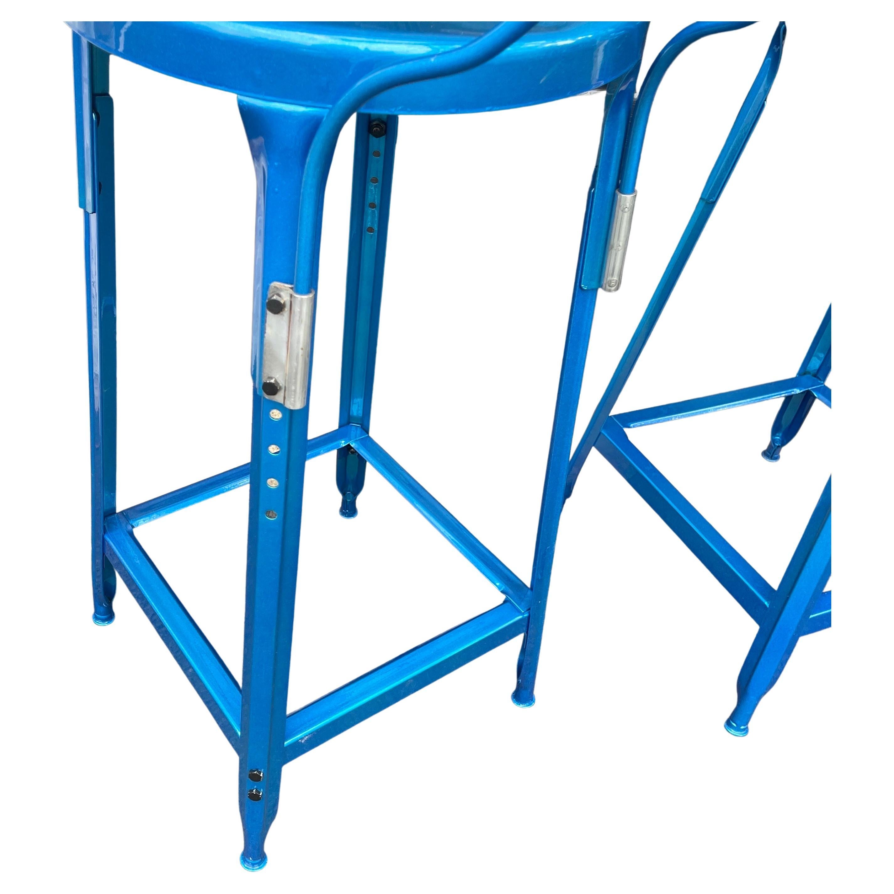 Set of Two Heavy Industrial Bar Stools in Powder Coated Blue For Sale 4