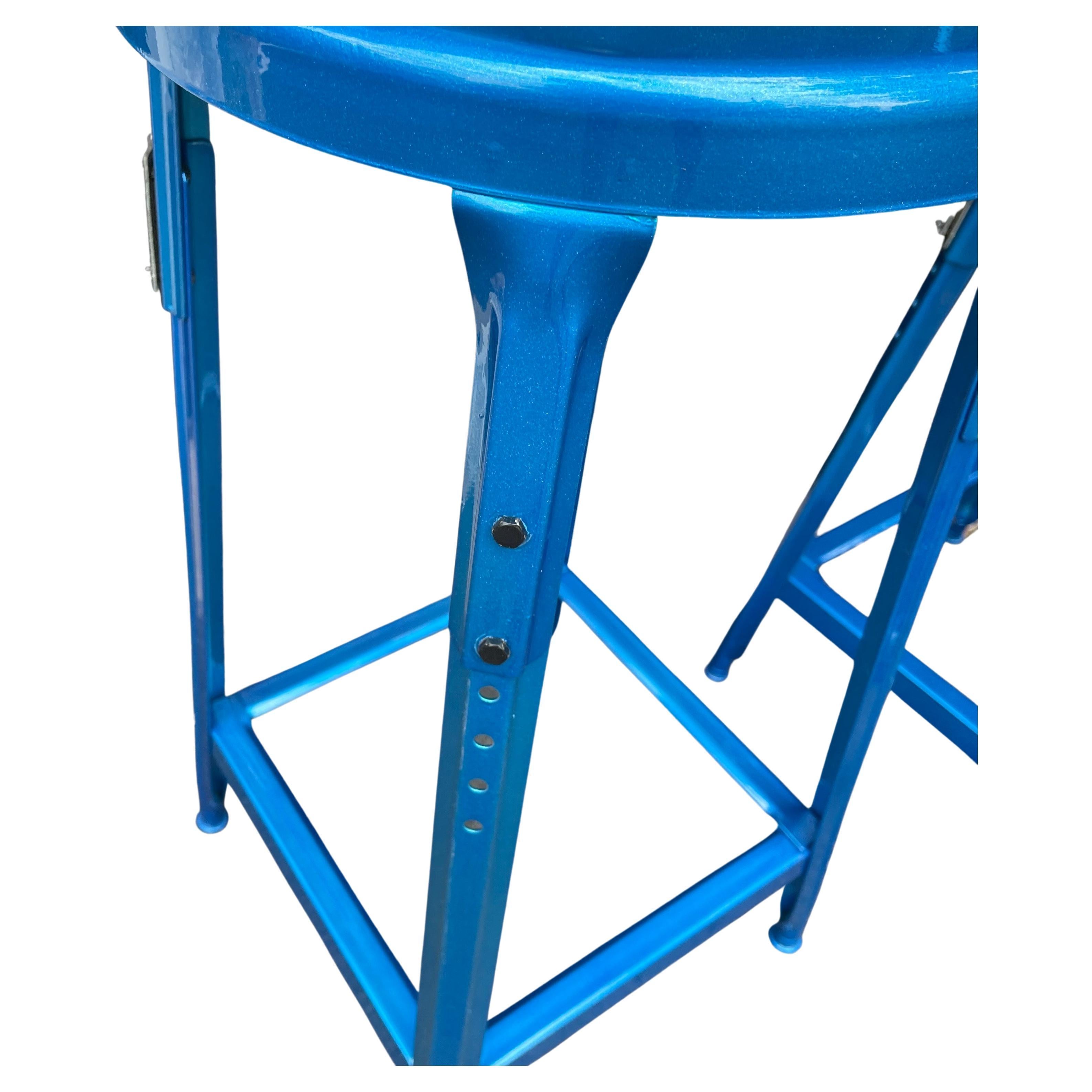 Set of Two Heavy Industrial Bar Stools in Powder Coated Blue For Sale 5