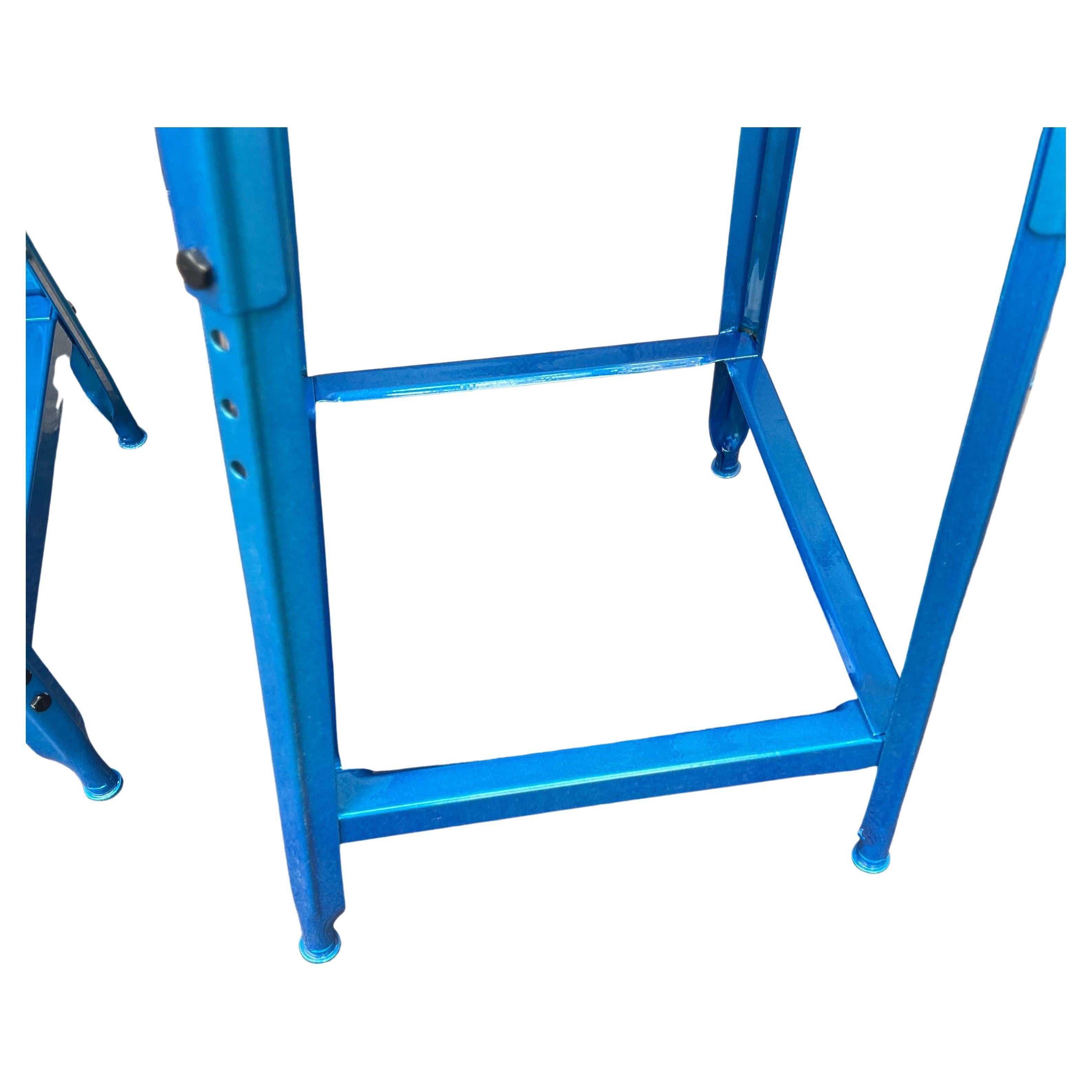Set of Two Heavy Industrial Bar Stools in Powder Coated Blue For Sale 6