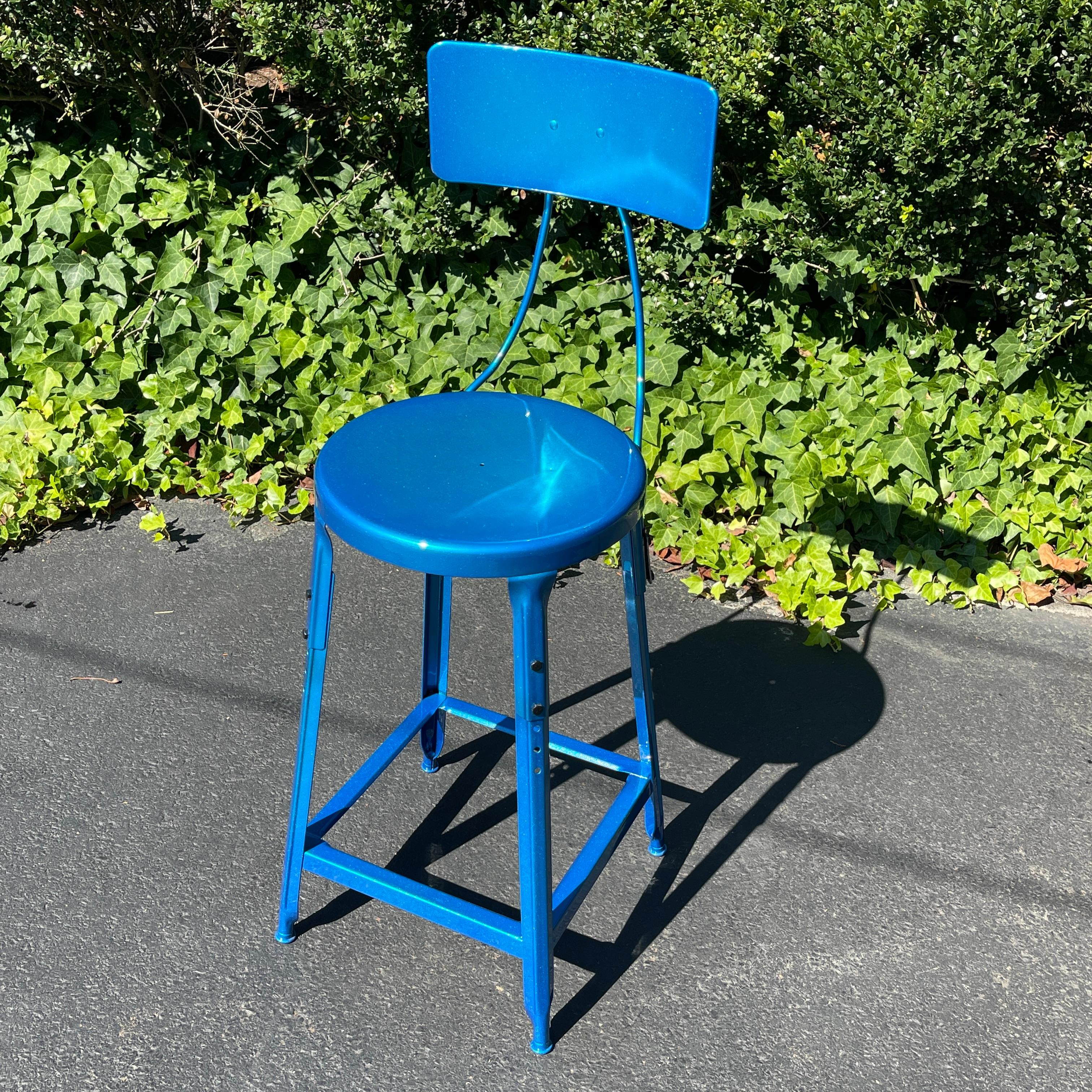 Set of Two Heavy Industrial Bar Stools in Powder Coated Blue For Sale 7