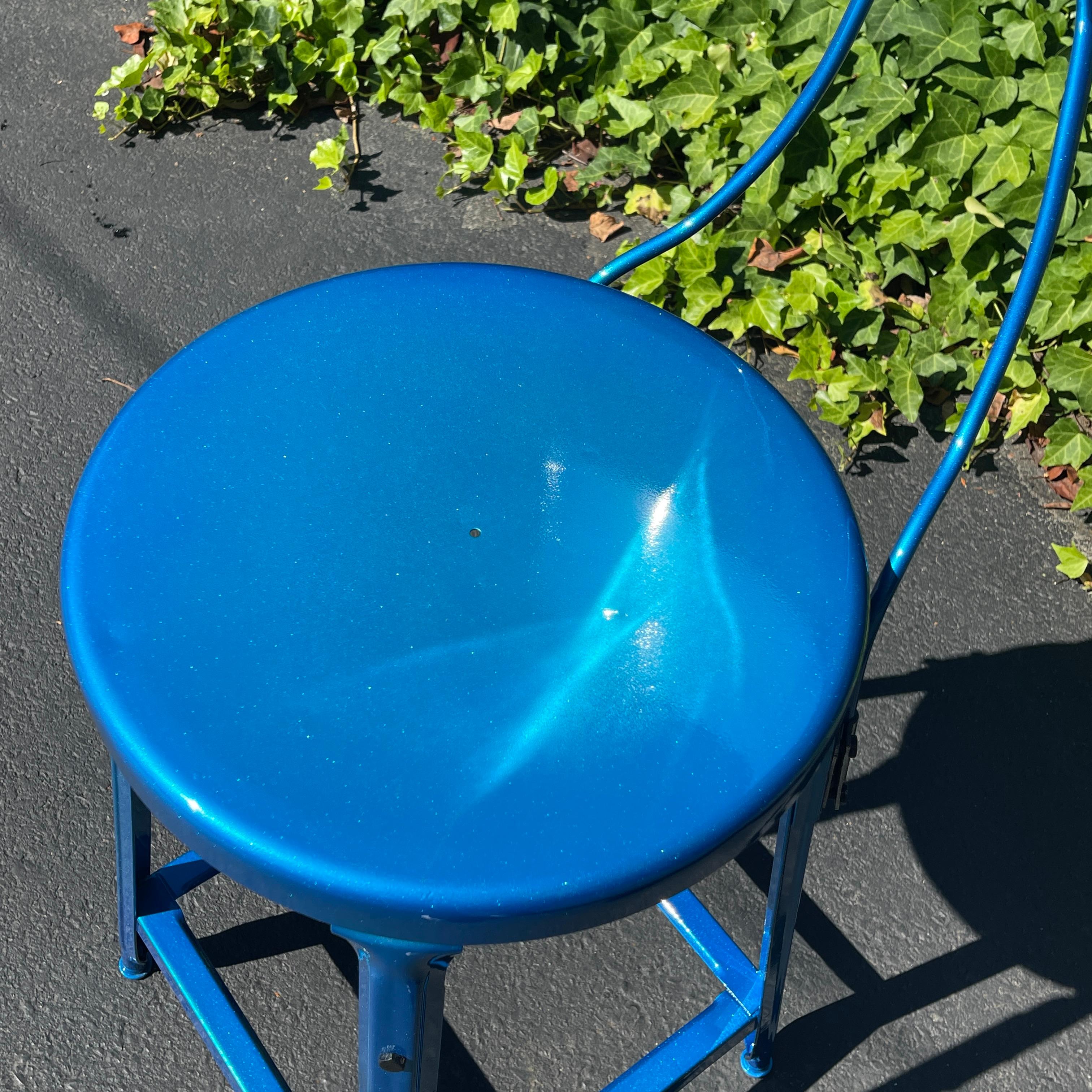 Set of Two Heavy Industrial Bar Stools in Powder Coated Blue For Sale 8