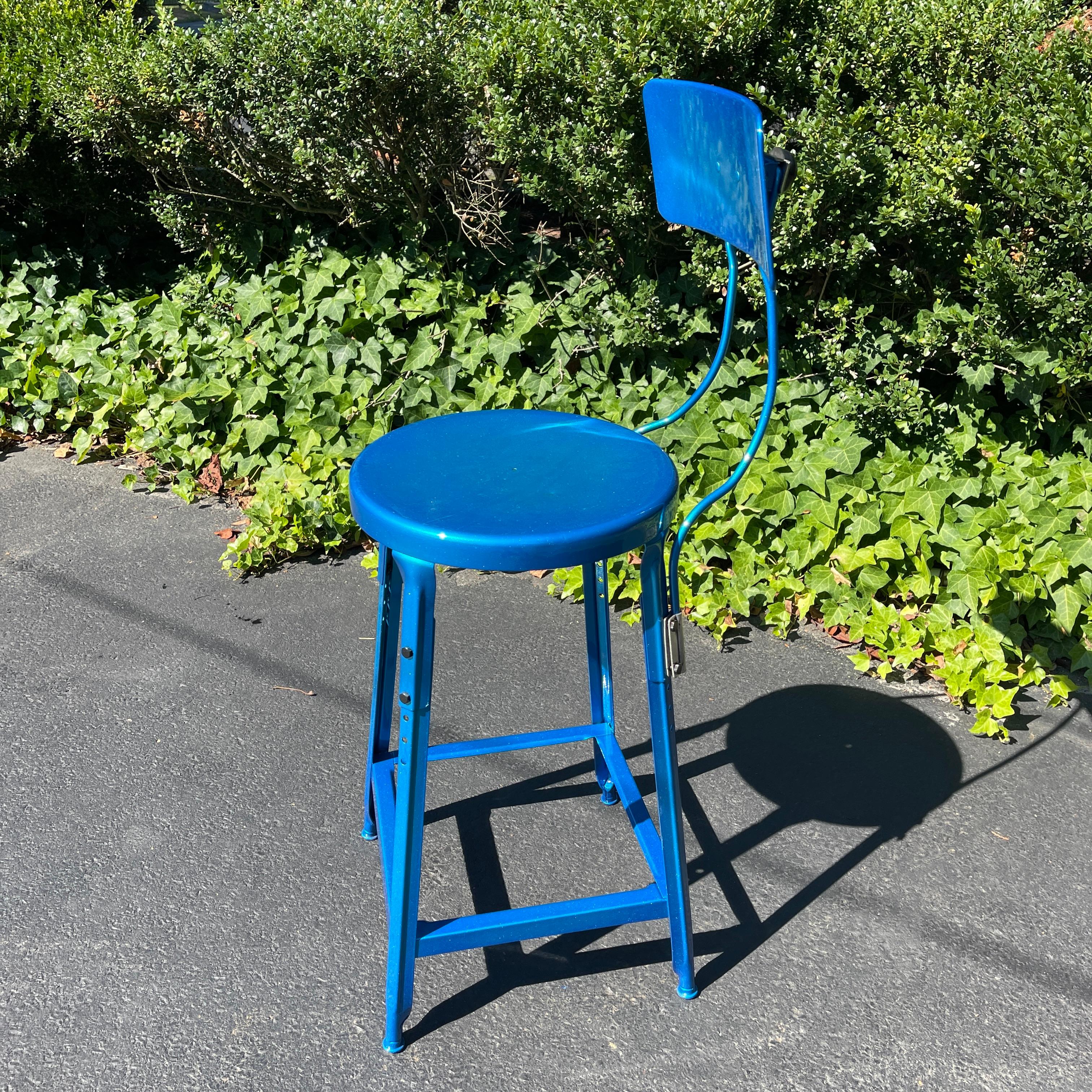 Set of Two Heavy Industrial Bar Stools in Powder Coated Blue For Sale 11