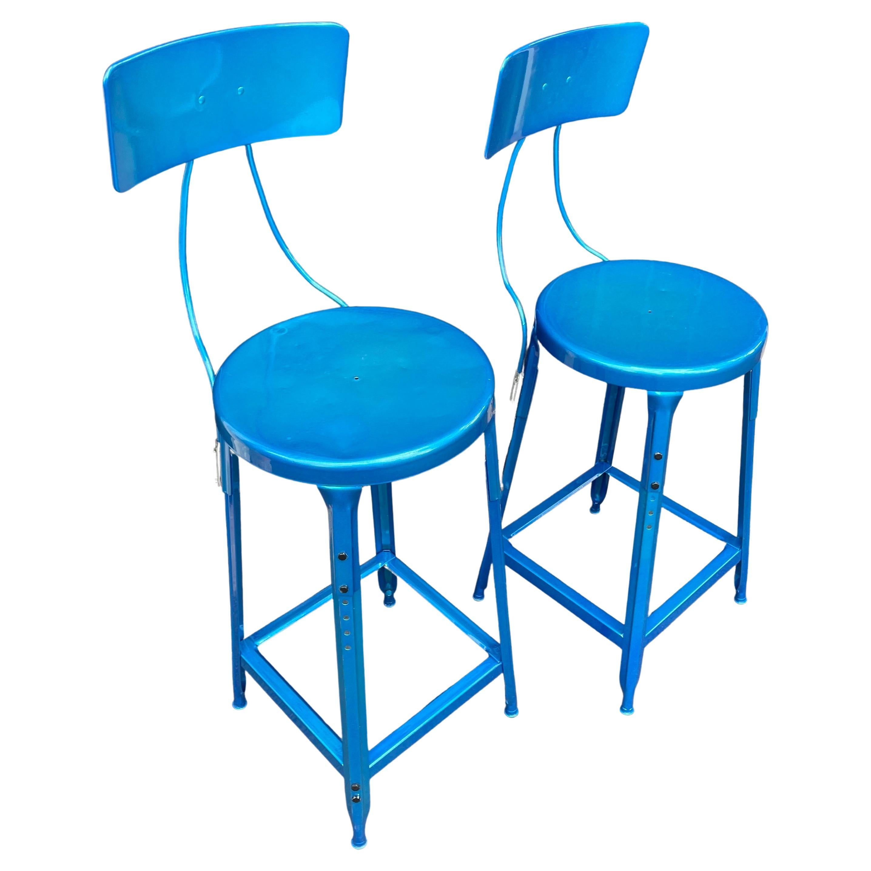 American Set of Two Heavy Industrial Bar Stools in Powder Coated Blue For Sale