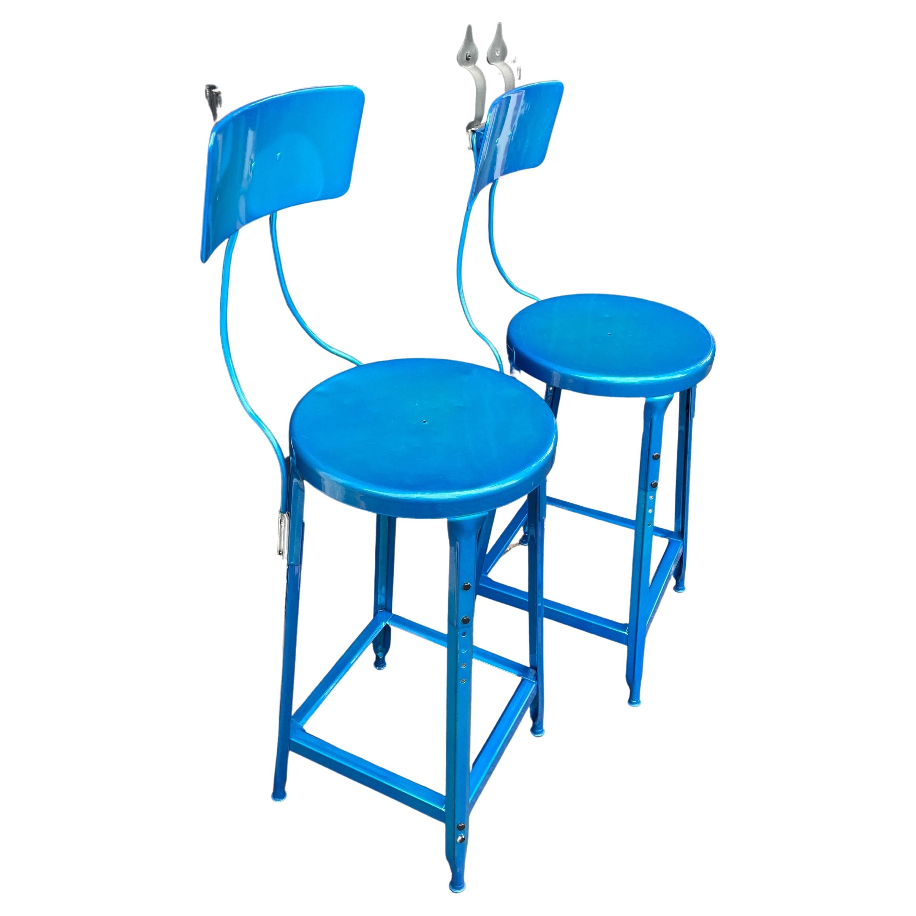 Powder-Coated Set of Two Heavy Industrial Bar Stools in Powder Coated Blue For Sale