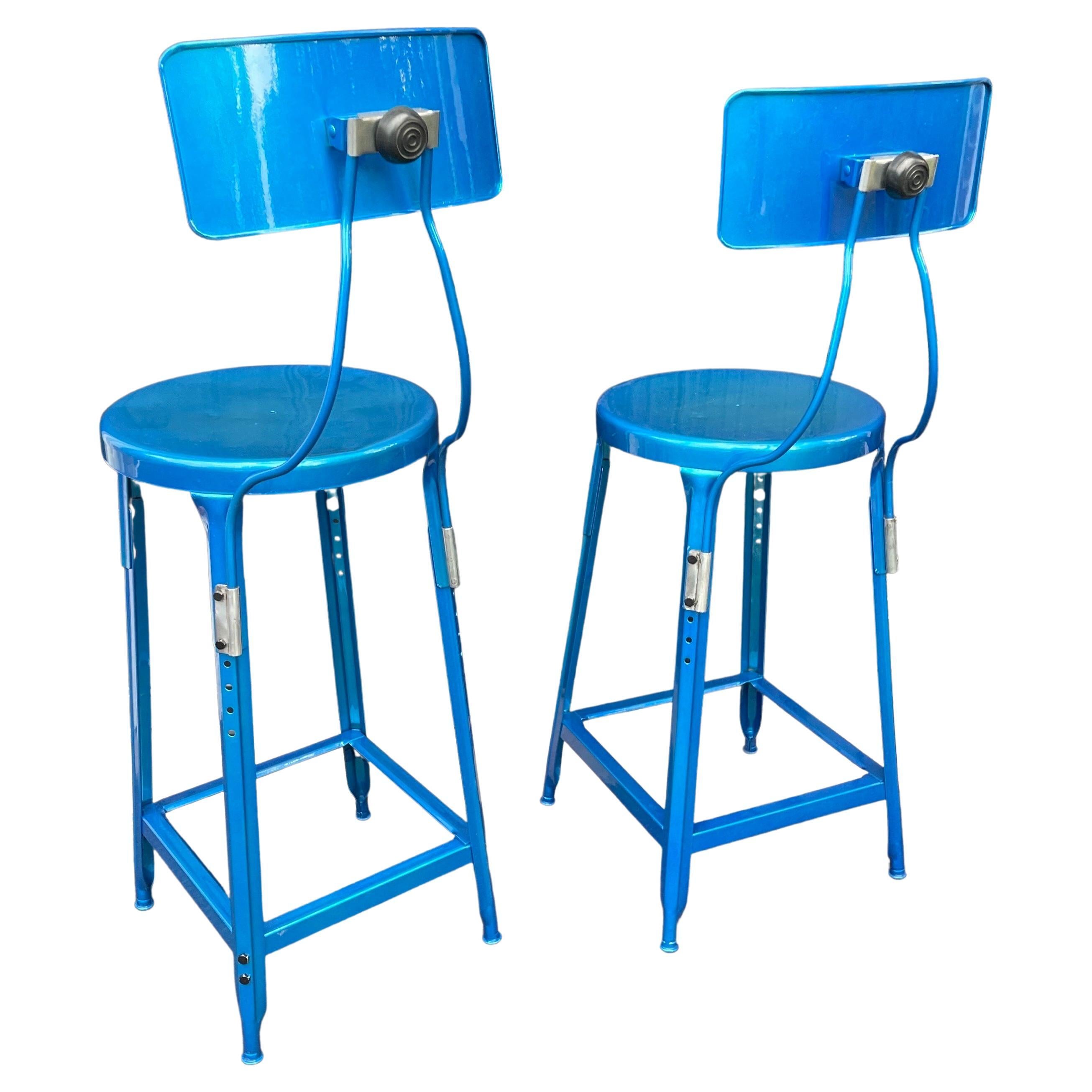 Set of Two Heavy Industrial Bar Stools in Powder Coated Blue In Good Condition For Sale In Haddonfield, NJ