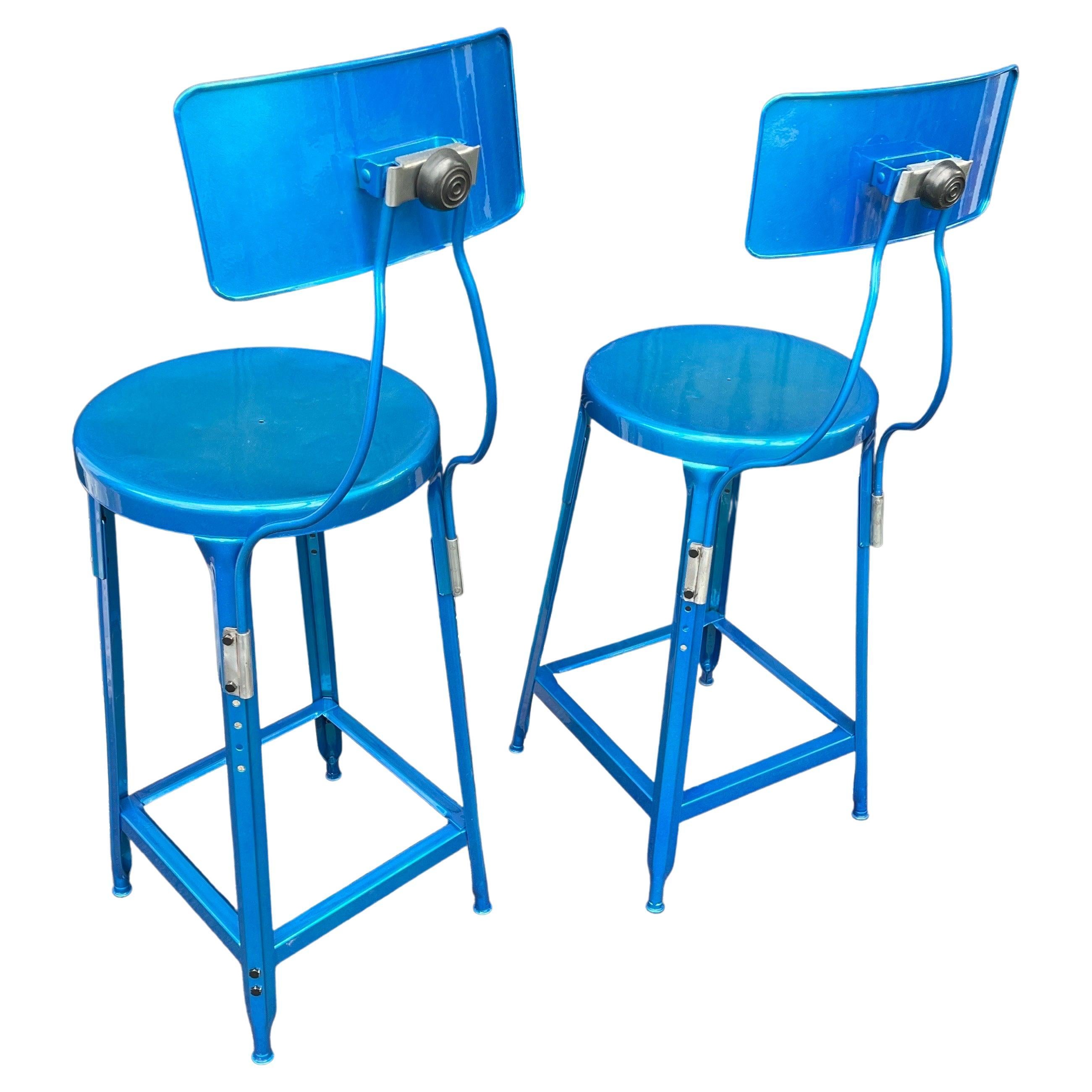 20th Century Set of Two Heavy Industrial Bar Stools in Powder Coated Blue For Sale