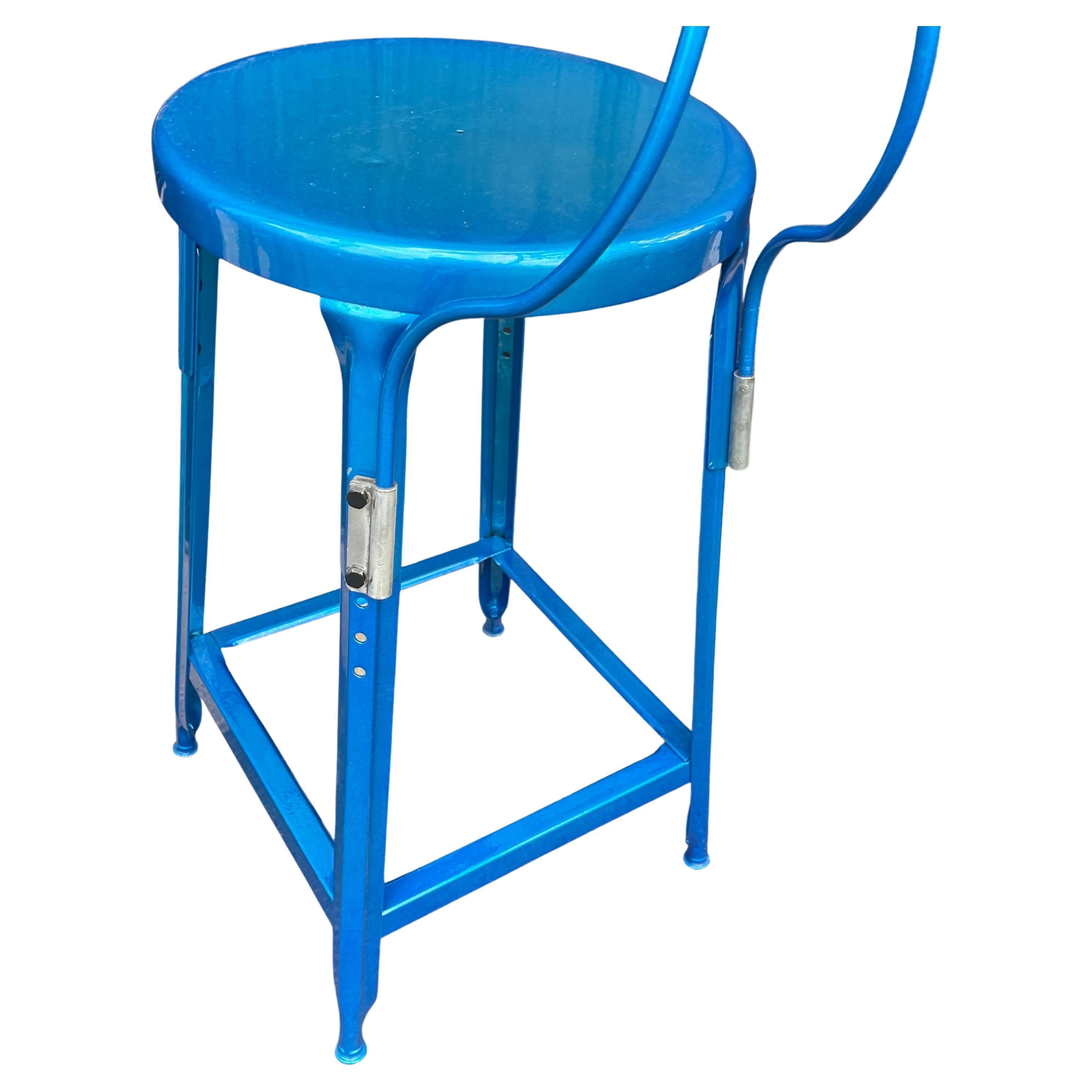 Metal Set of Two Heavy Industrial Bar Stools in Powder Coated Blue For Sale