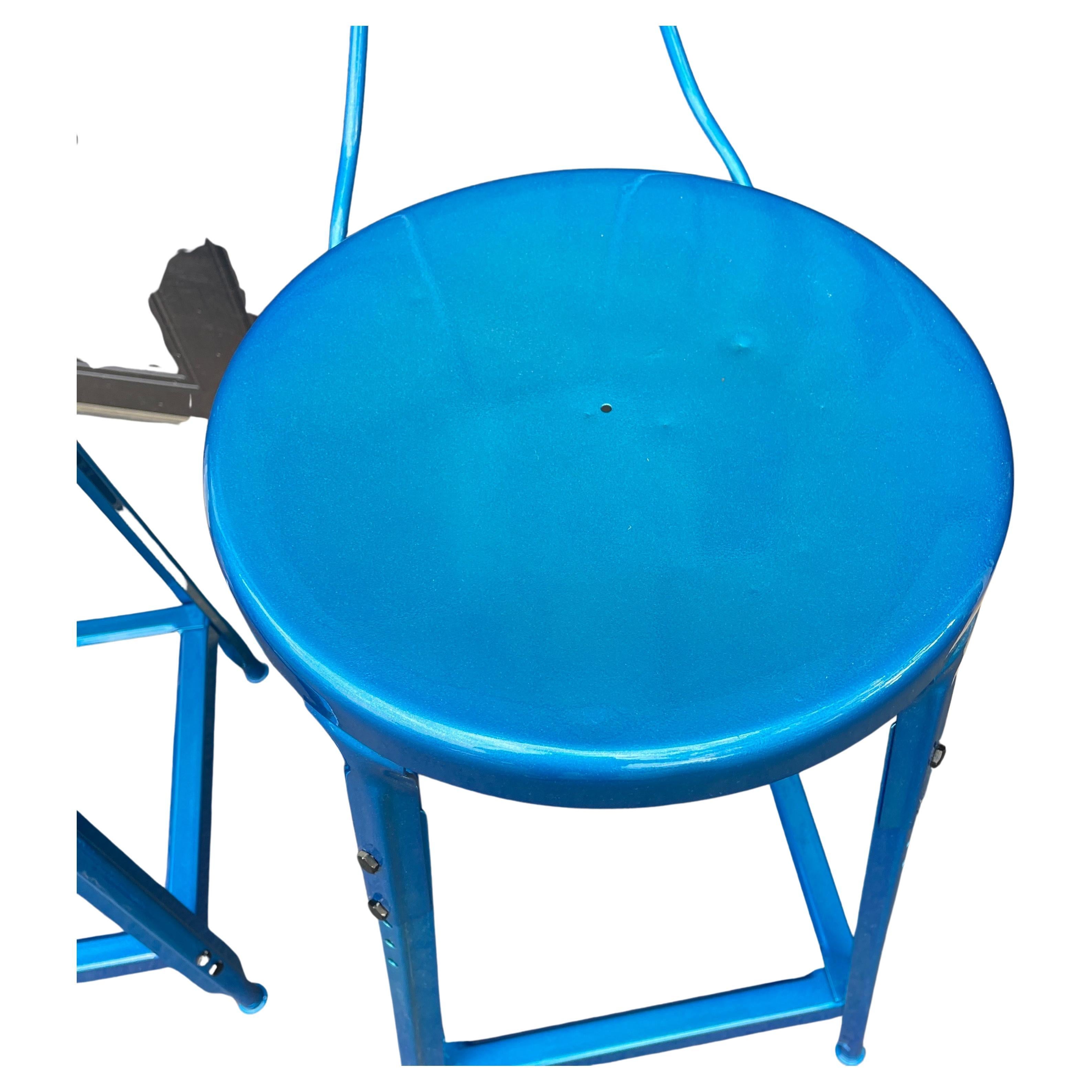 Set of Two Heavy Industrial Bar Stools in Powder Coated Blue For Sale 1