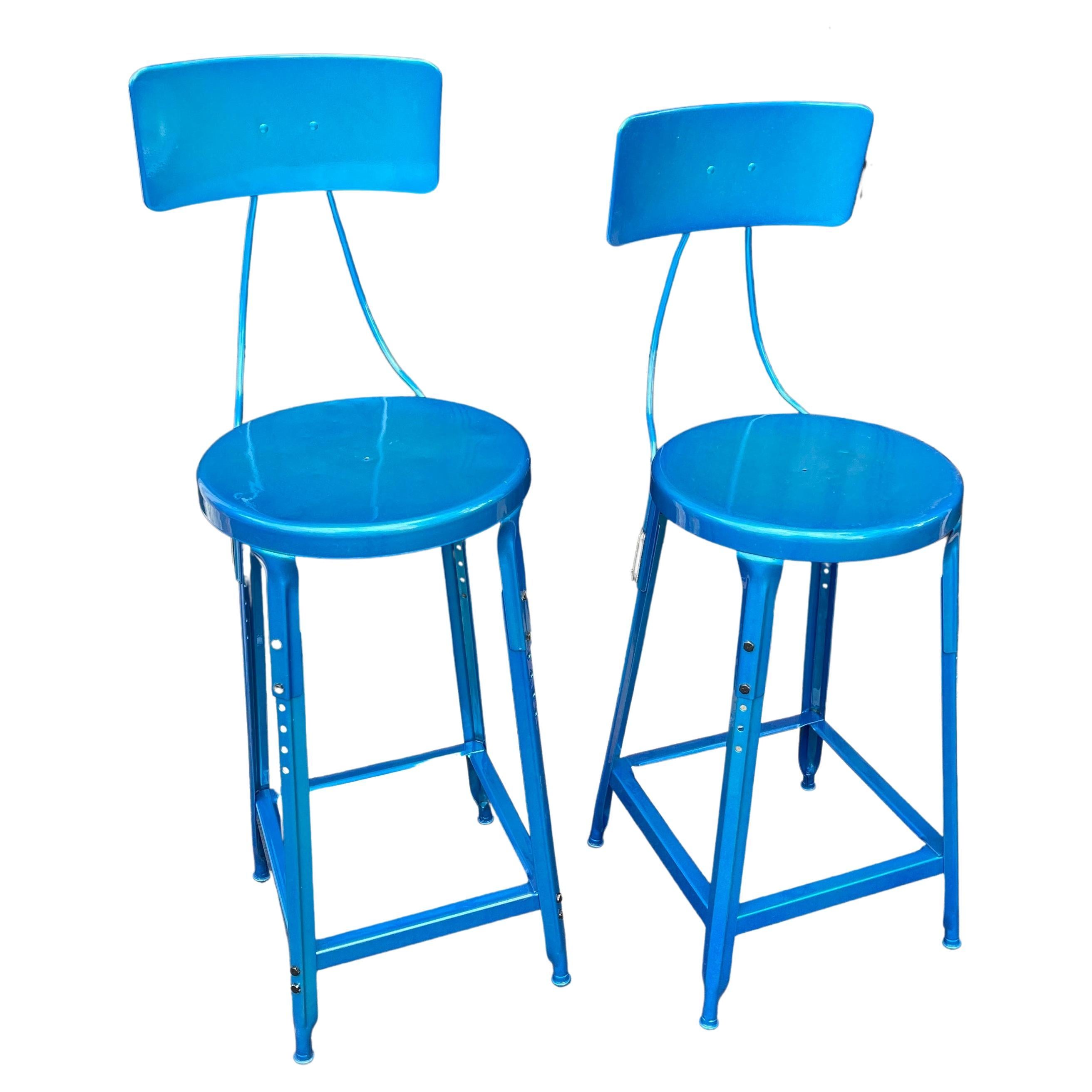 Set of Two Heavy Industrial Bar Stools in Powder Coated Blue For Sale