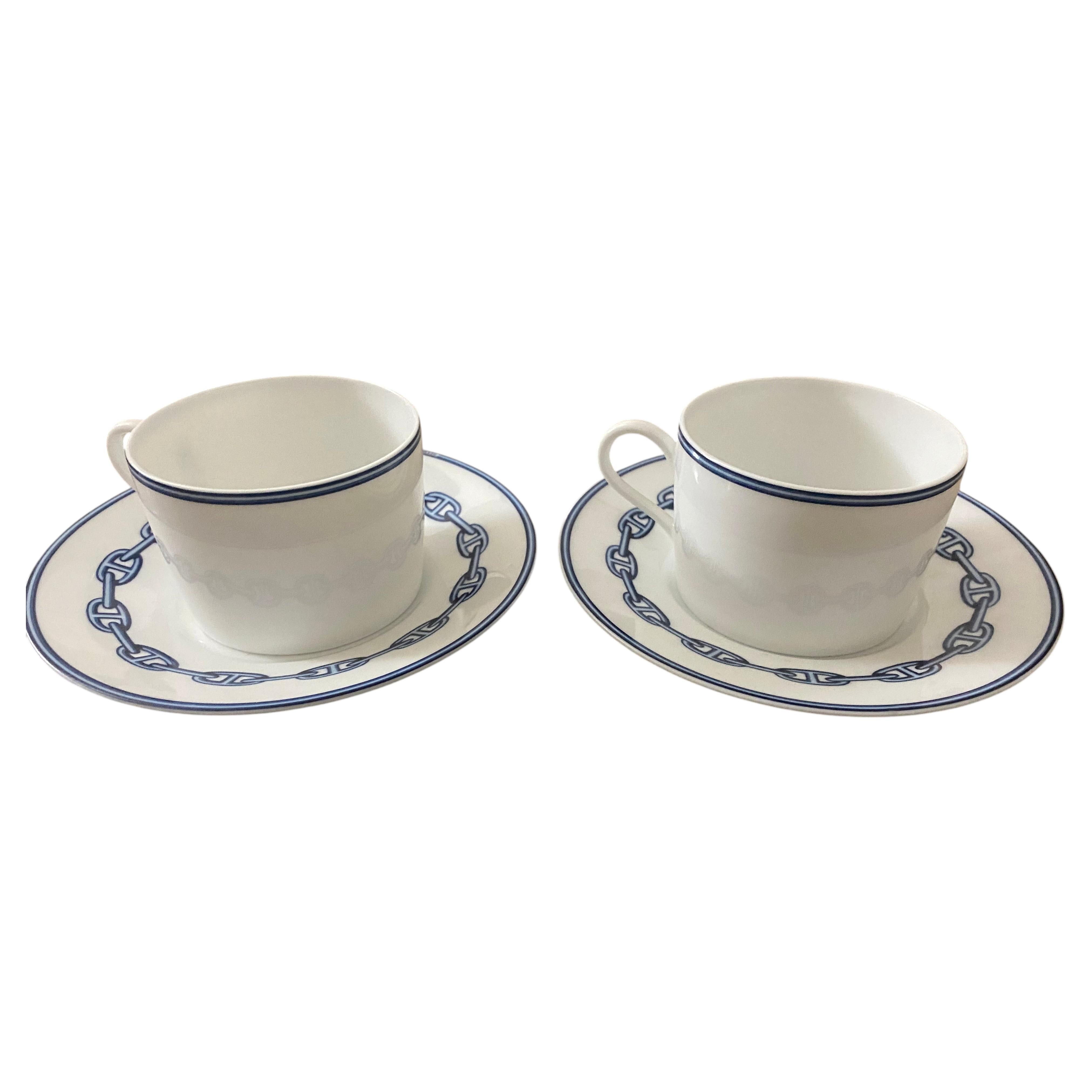 Set of Two Hermès Blue Chaine d'Ancre Porcelain Tea Cups & Saucers