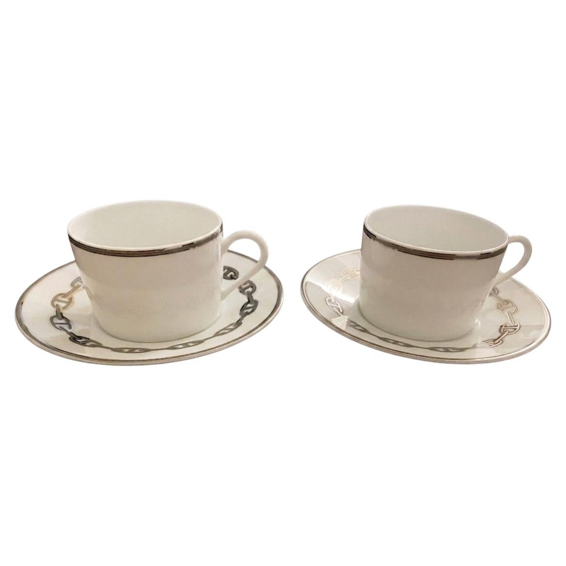 Set aus zwei Hermes Chaine d'Ancre Platine Teetassen und Untertassen