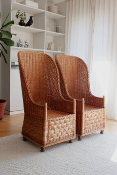 Set of Two High Back Curved Wicker Rattan Armchairs