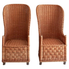 Set of Two High Back Curved Wicker Rattan Armchairs
