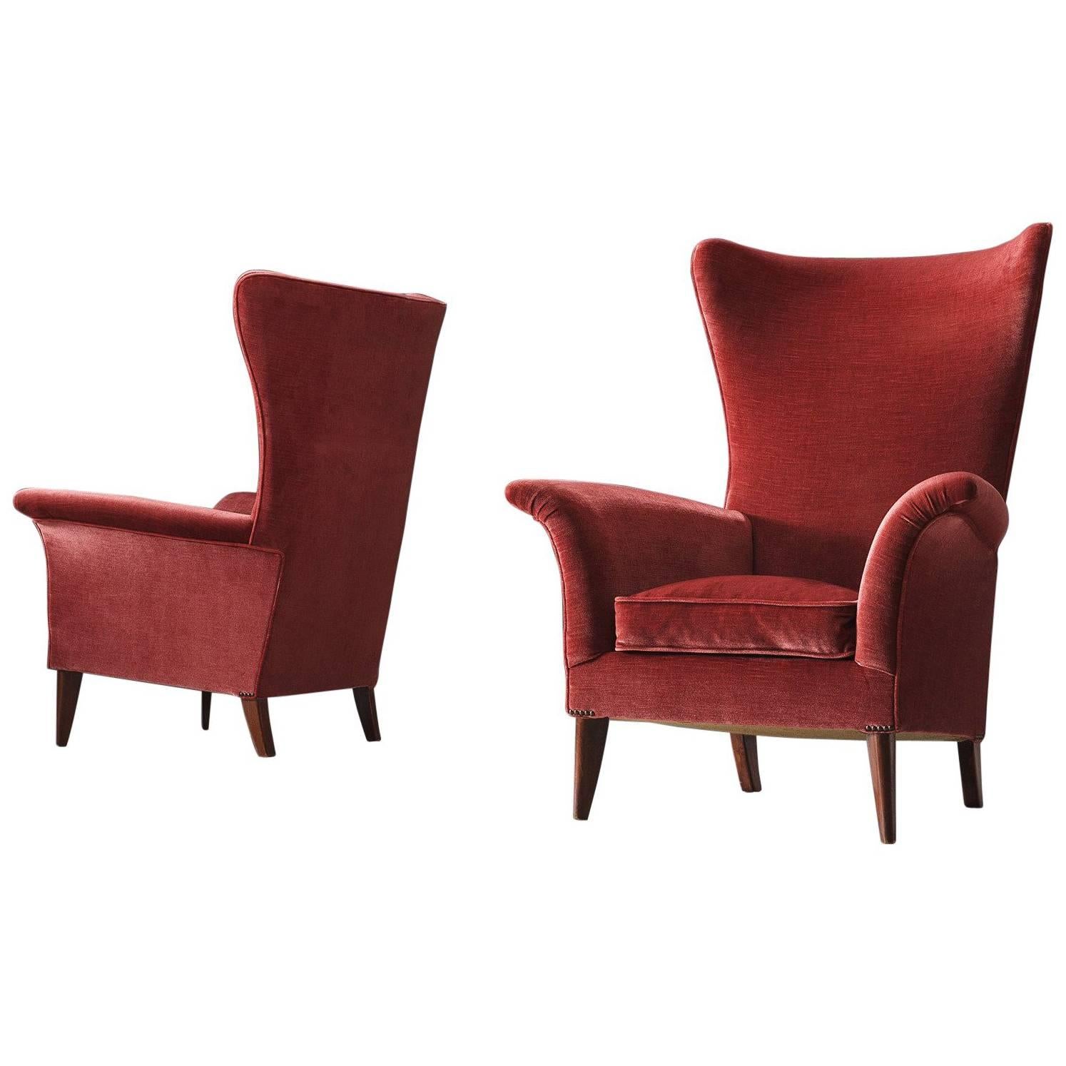Set of Two High Wingback Chairs in Raspberry Pink Velvet