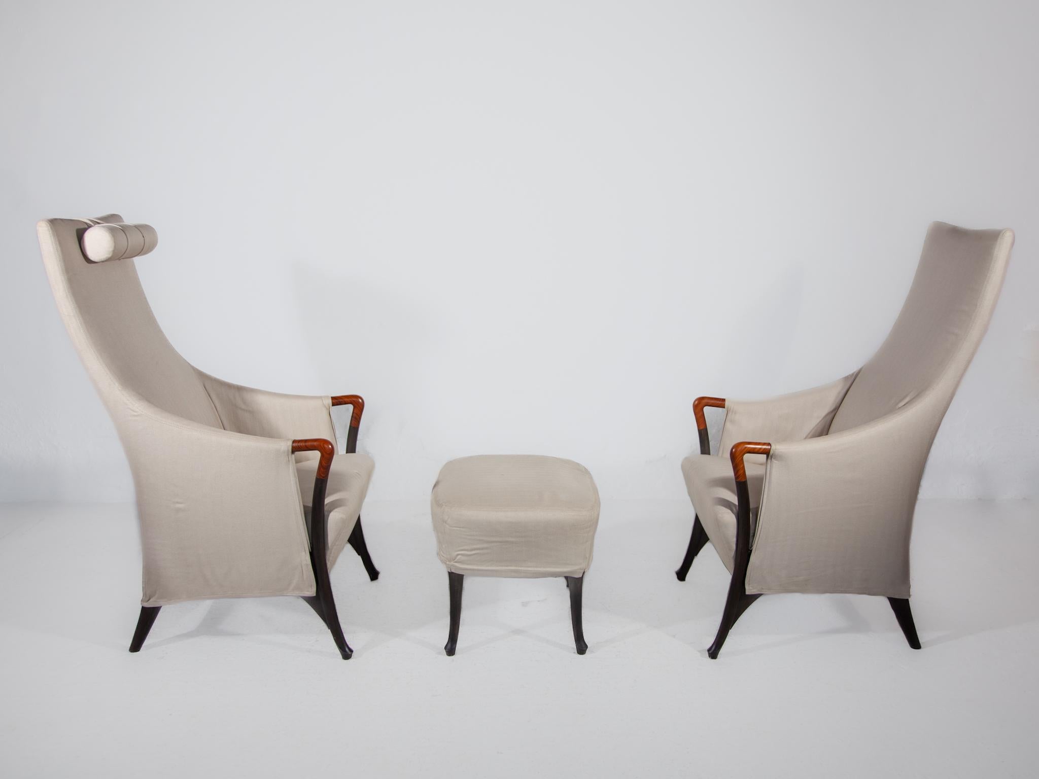 Set Of Two Highback Lounge Chairs and Footstool by Umberto Asnago, 1980 For Sale 8