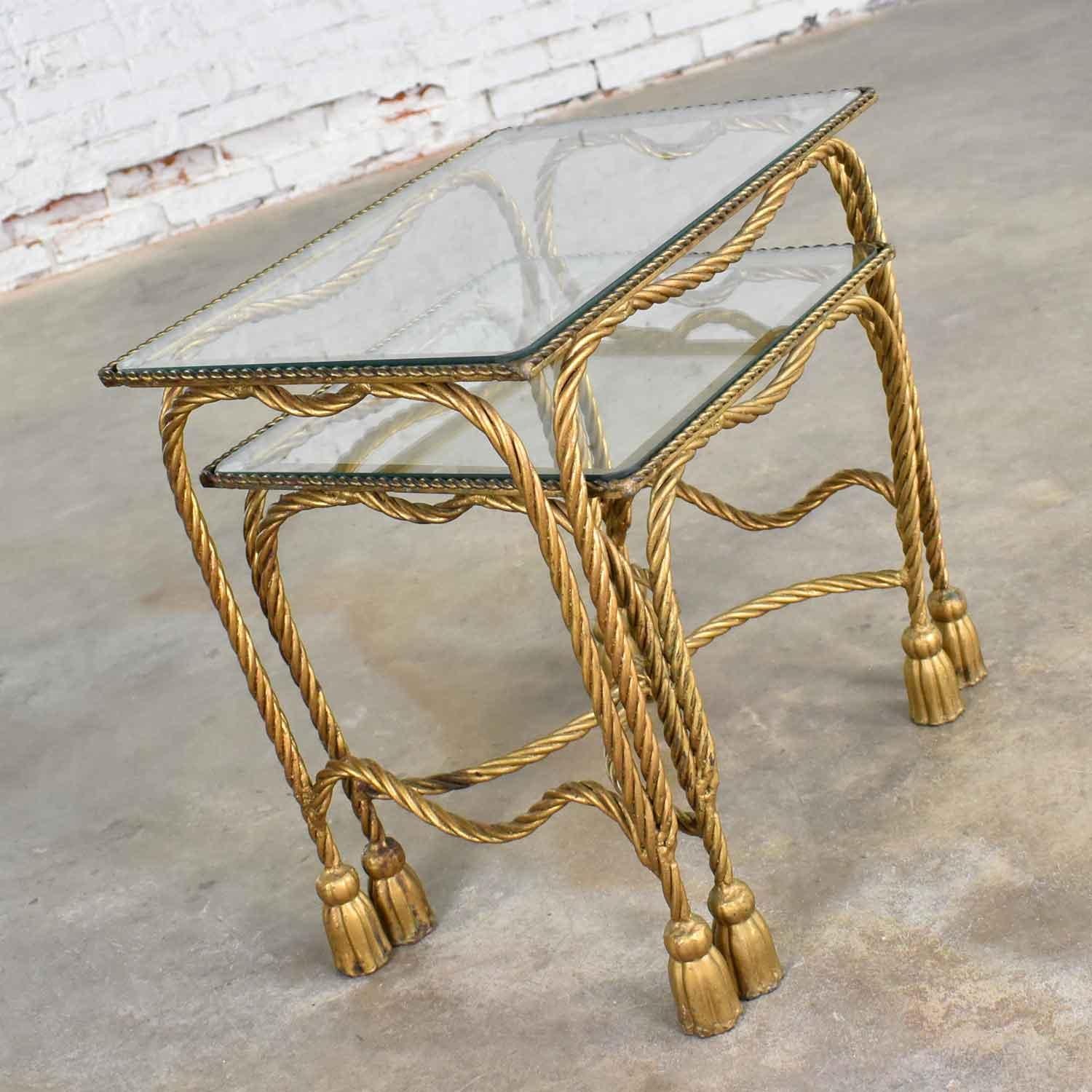 Set of Two Hollywood Regency Gilt Rope and Tassel Nesting Tables with Glass Tops 5