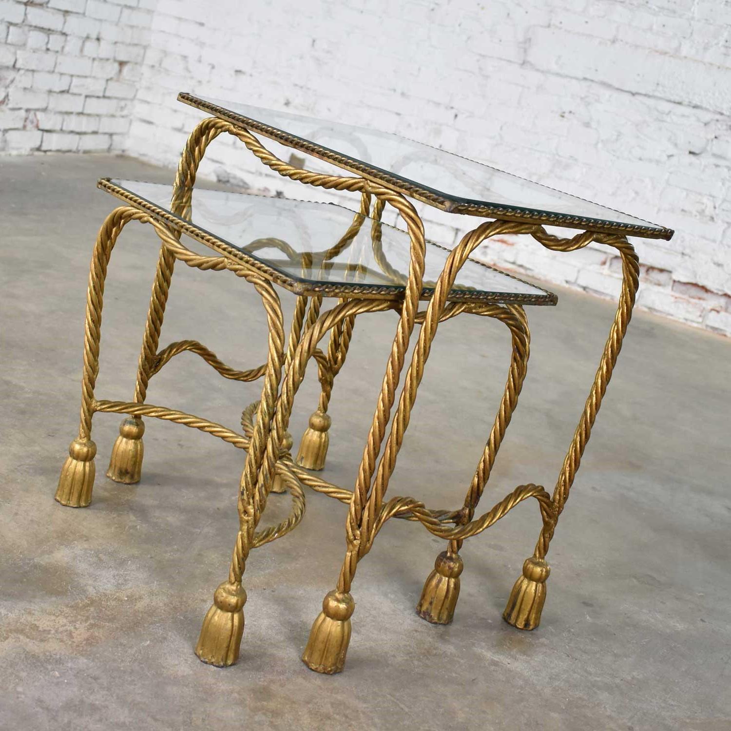 Set of Two Hollywood Regency Gilt Rope and Tassel Nesting Tables with Glass Tops 6
