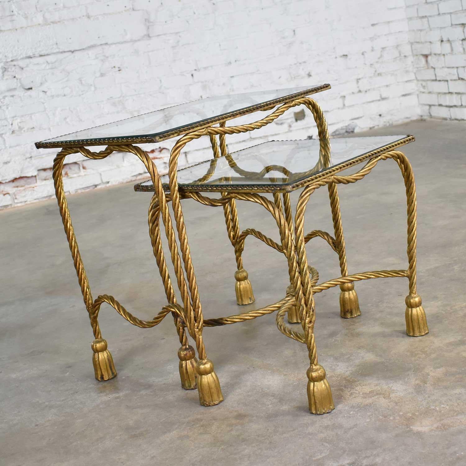 Set of Two Hollywood Regency Gilt Rope and Tassel Nesting Tables with Glass Tops 7