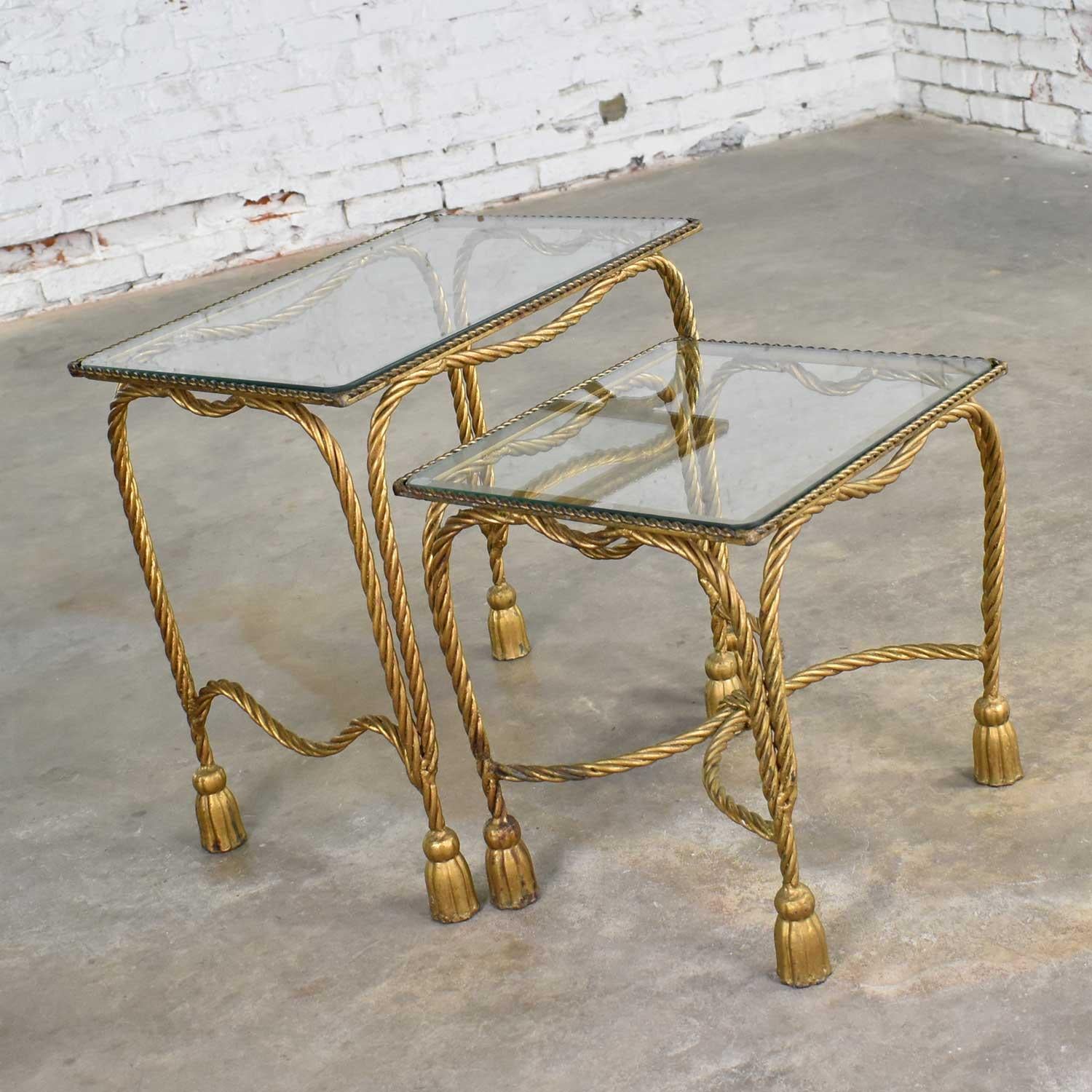 Set of Two Hollywood Regency Gilt Rope and Tassel Nesting Tables with Glass Tops 8
