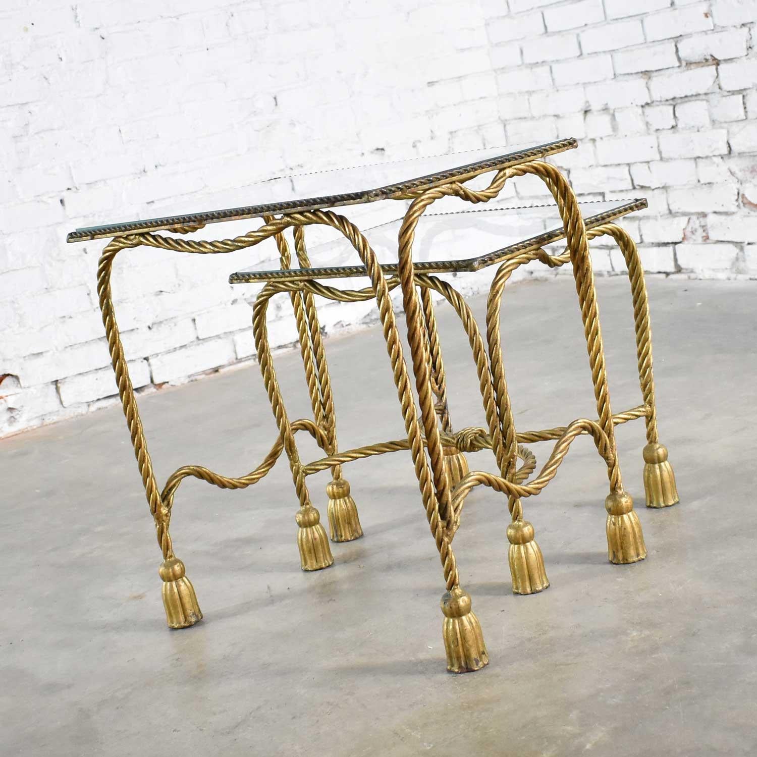 Set of Two Hollywood Regency Gilt Rope and Tassel Nesting Tables with Glass Tops In Good Condition In Topeka, KS