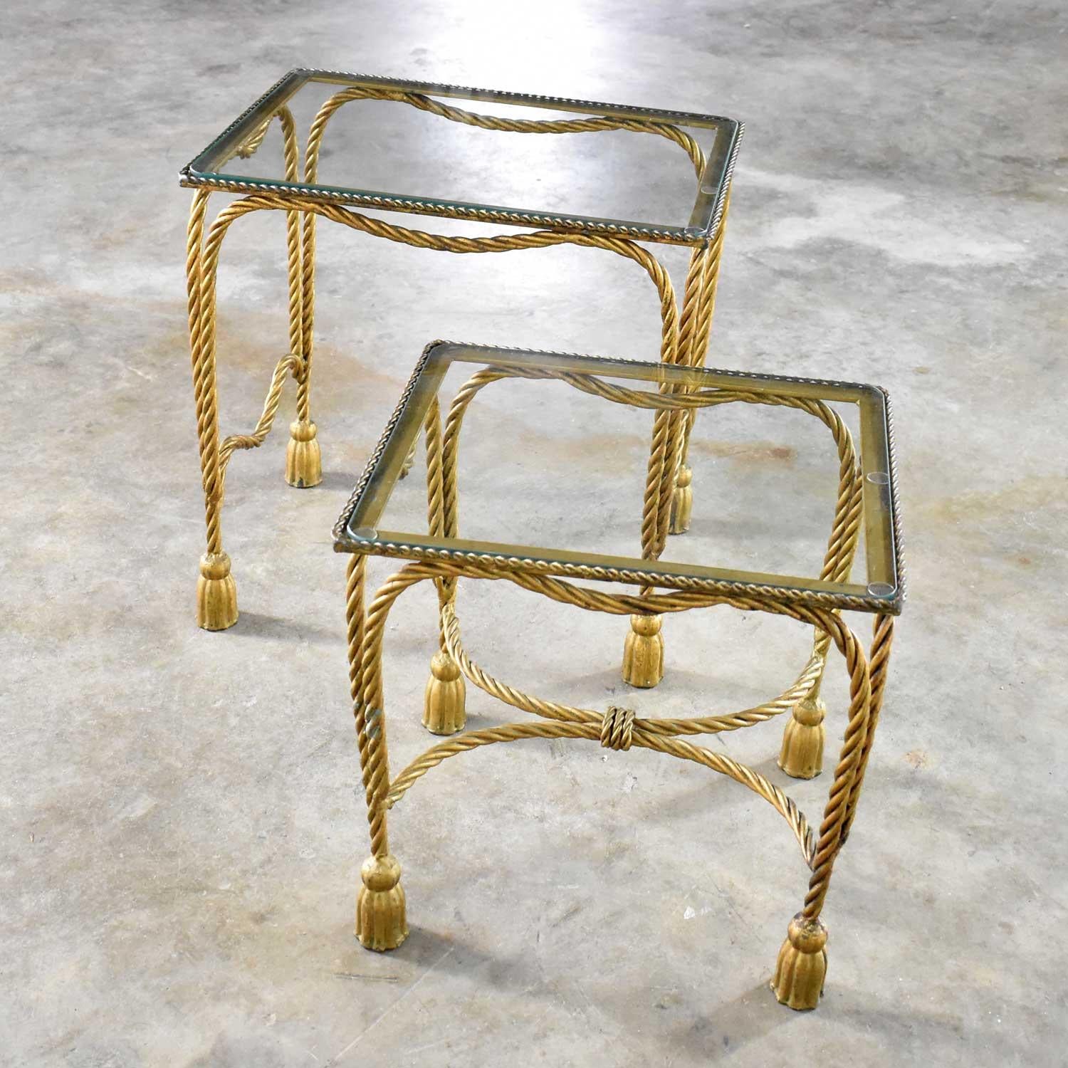 20th Century Set of Two Hollywood Regency Gilt Rope and Tassel Nesting Tables with Glass Tops