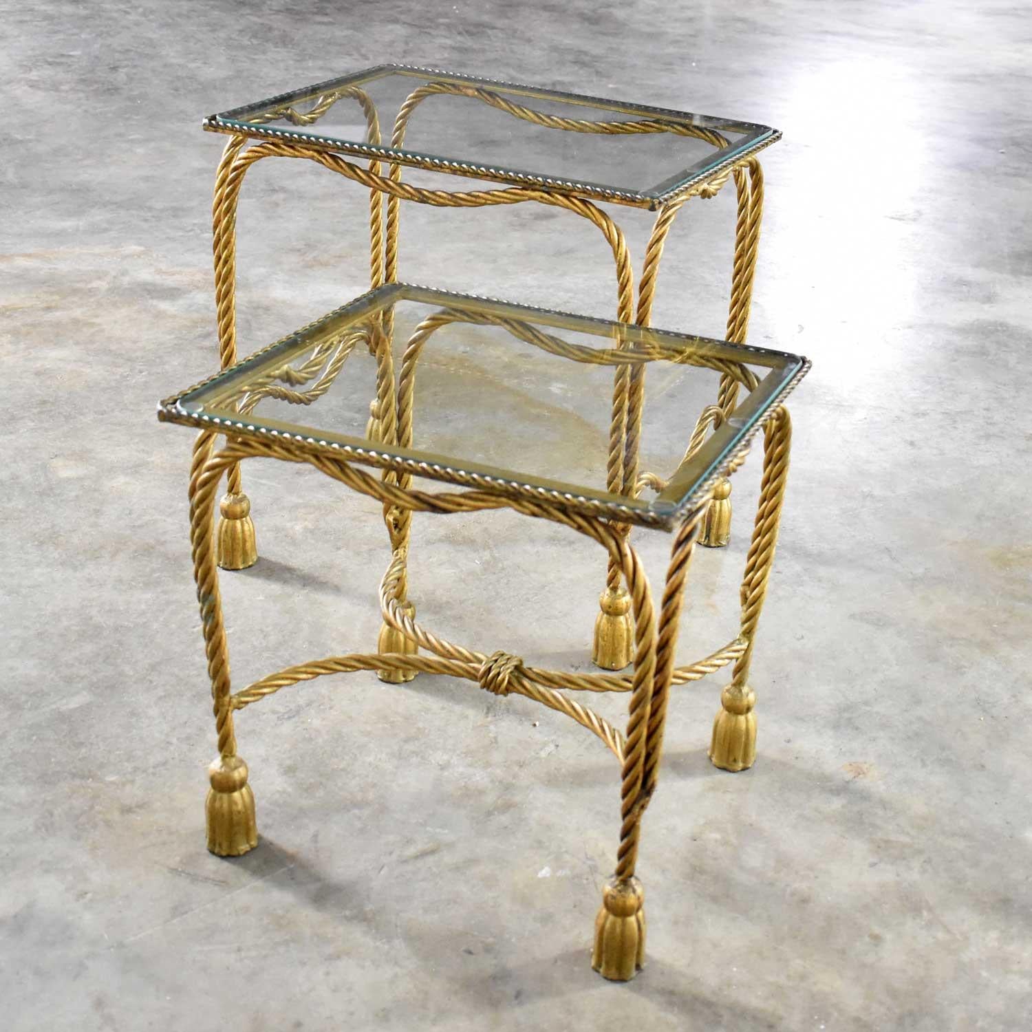 Metal Set of Two Hollywood Regency Gilt Rope and Tassel Nesting Tables with Glass Tops
