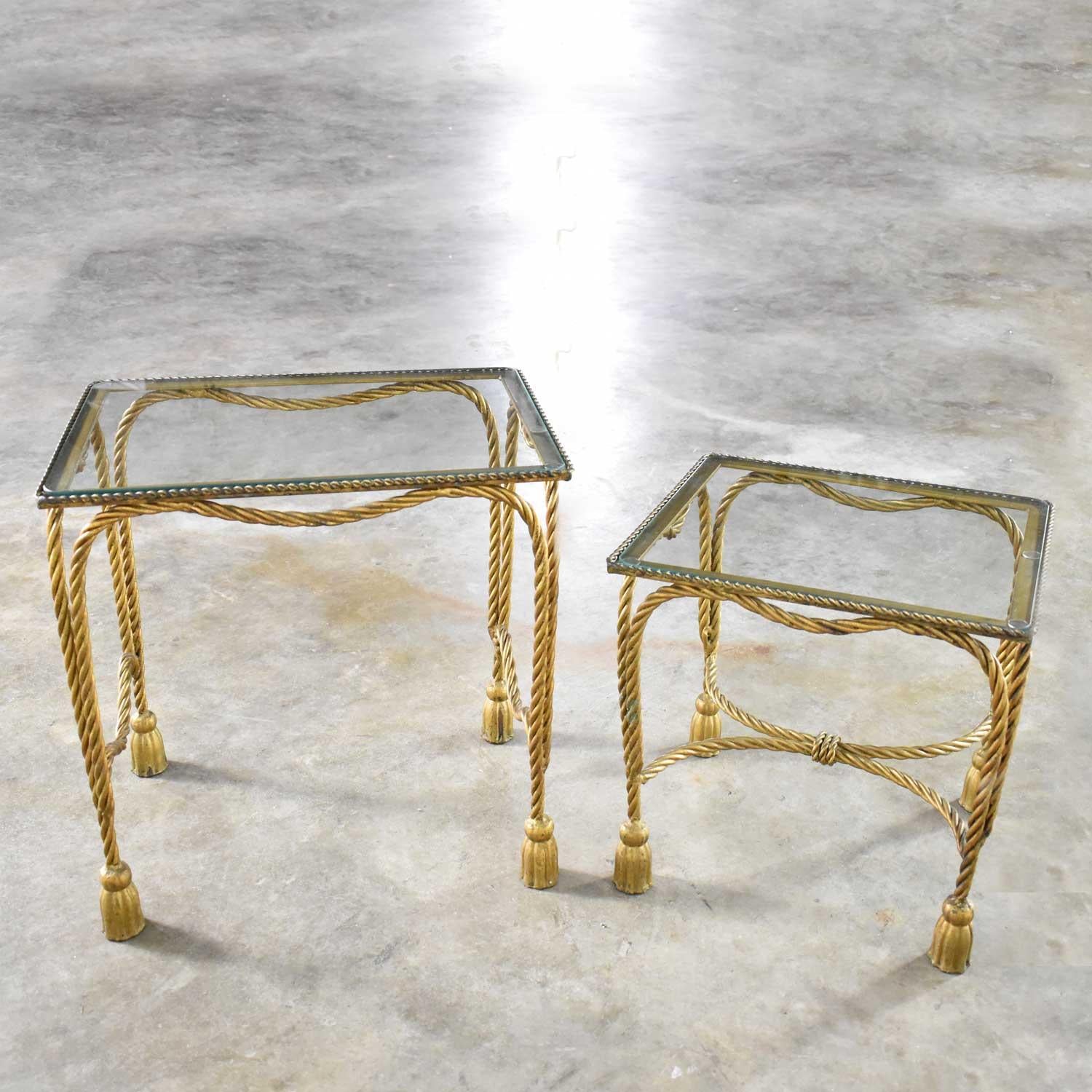 Set of Two Hollywood Regency Gilt Rope and Tassel Nesting Tables with Glass Tops 1
