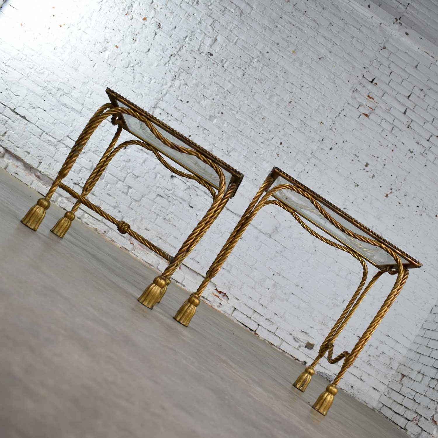 Set of Two Hollywood Regency Gilt Rope and Tassel Nesting Tables with Glass Tops 2