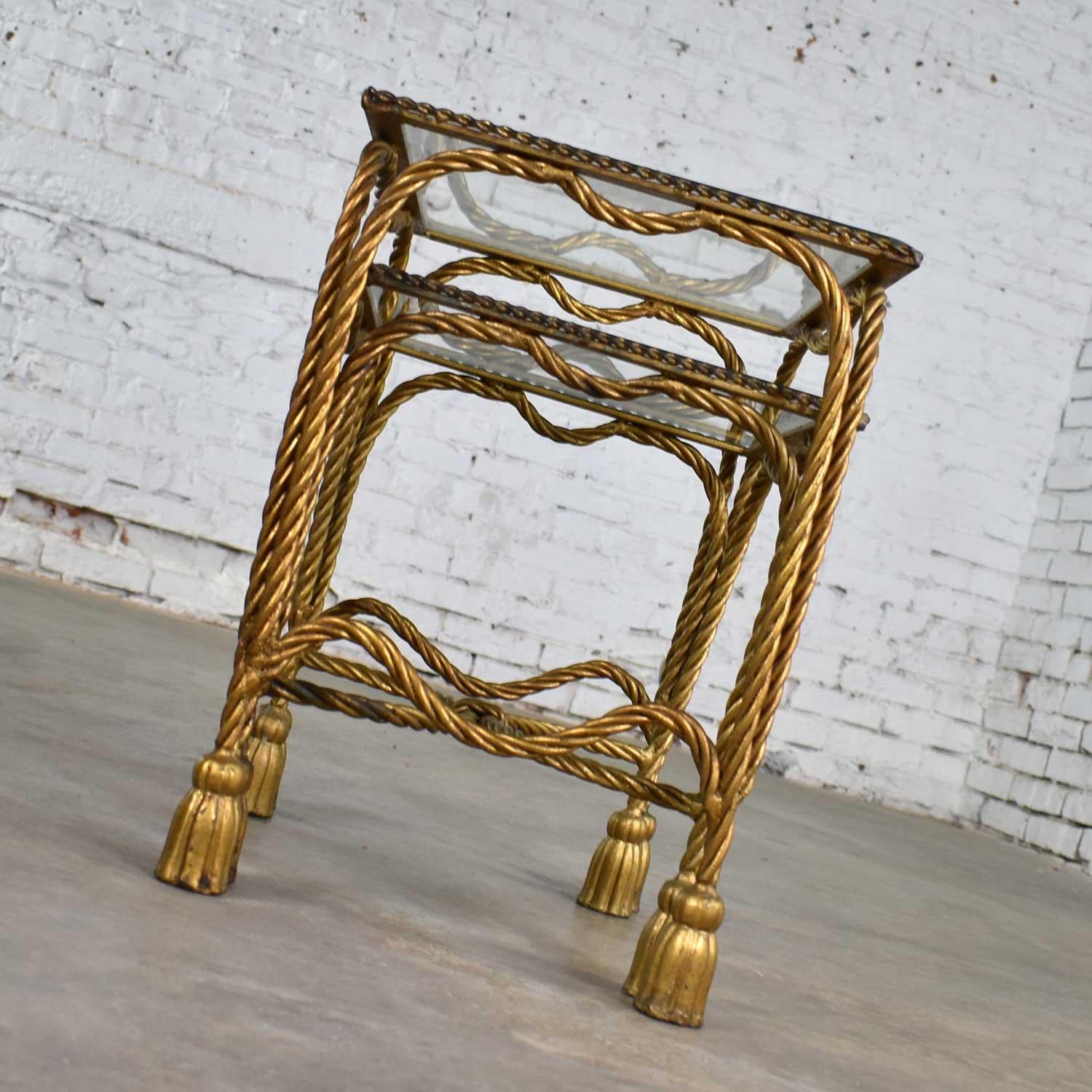 Set of Two Hollywood Regency Gilt Rope and Tassel Nesting Tables with Glass Tops 3