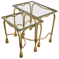 Vintage Set of Two Hollywood Regency Gilt Rope and Tassel Nesting Tables with Glass Tops