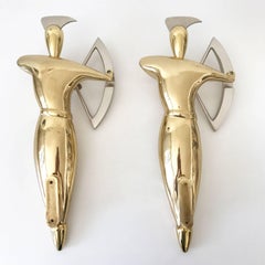 Set di due arcieri da parete Hollywood Regency in ottone e acciaio anni '80